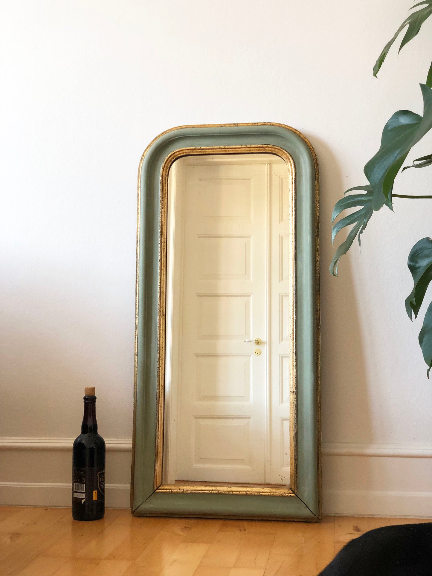 Antique Louis Philippe French Full length Mirror in Green and Gold, Late 19th Century