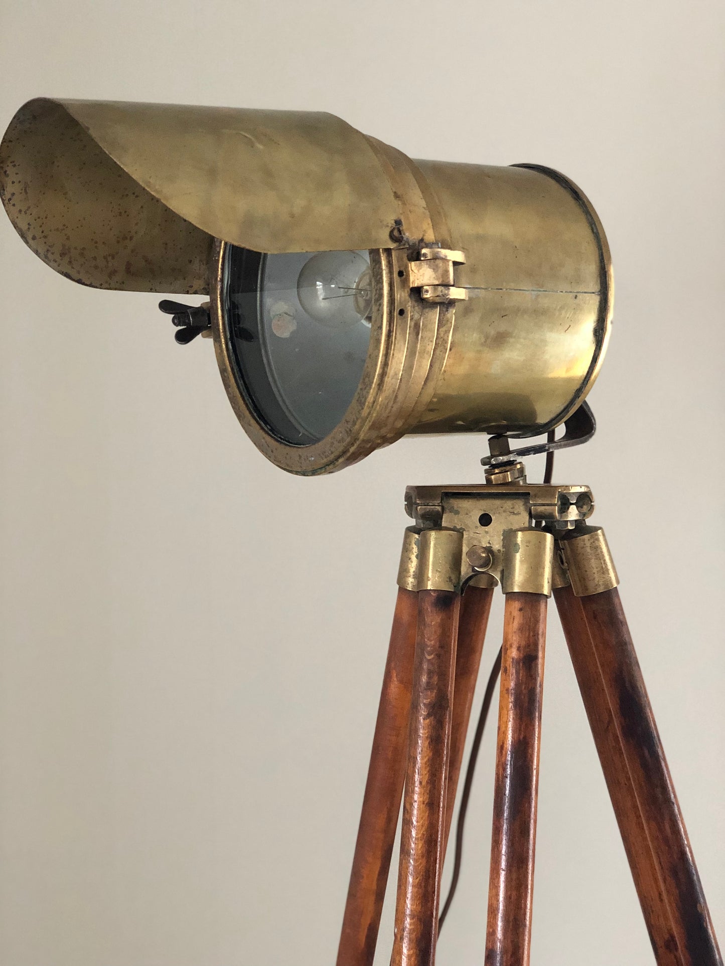 Antique Industrial Brass Floor Lamp On Tripod Surveyor Base 1920s