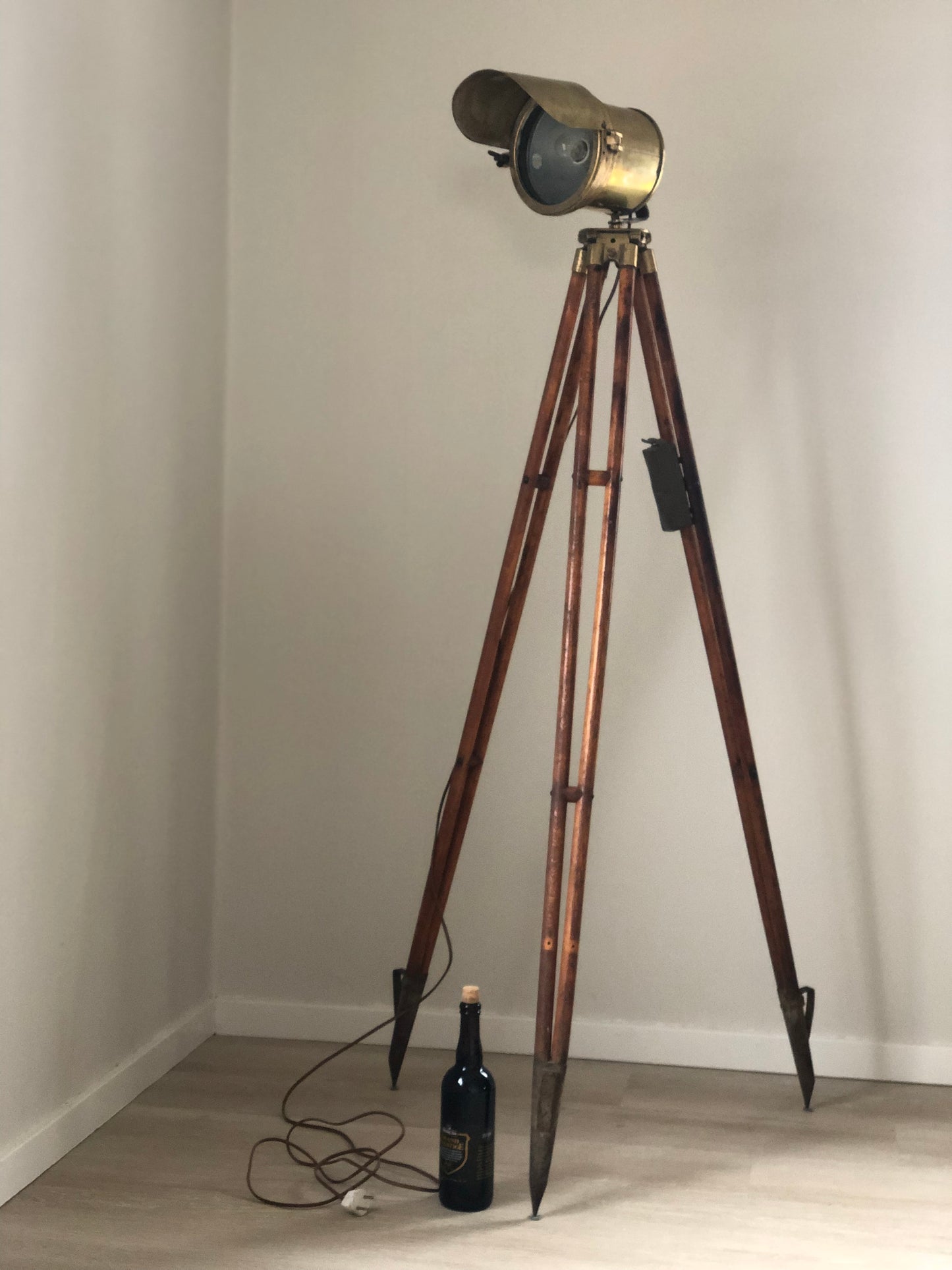 Antique Industrial Brass Floor Lamp On Tripod Surveyor Base 1920s