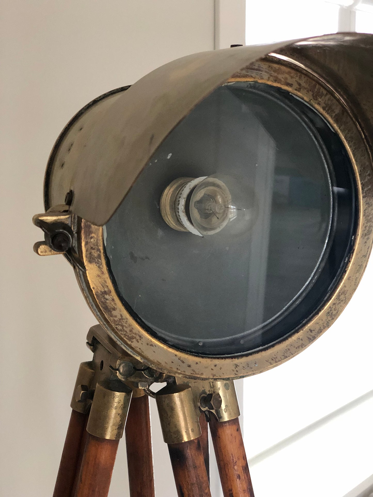 Antique Industrial Brass Floor Lamp On Tripod Surveyor Base 1920s