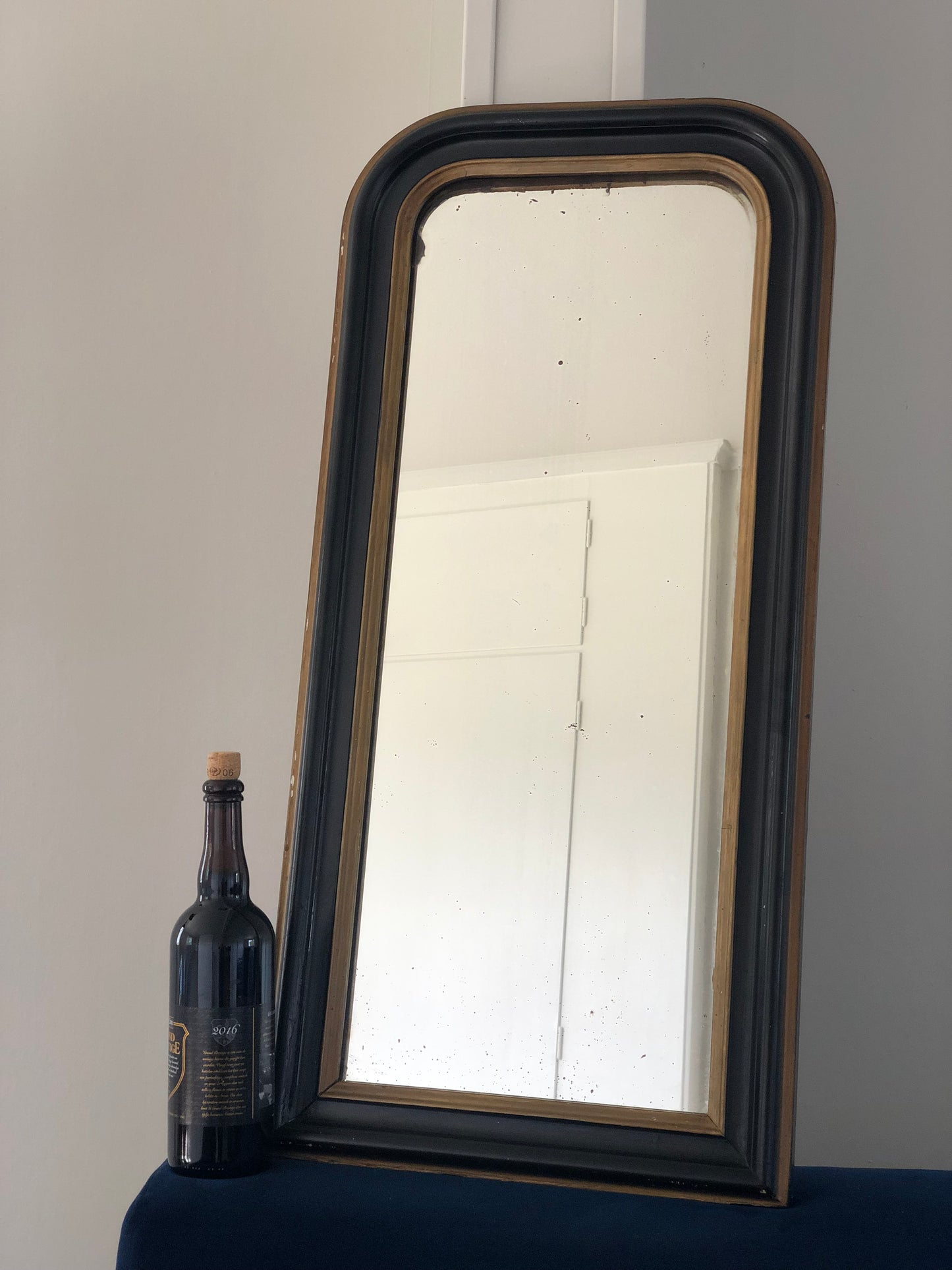 Antique Louis Philippe Full Length Mirror In Black and Gold France Late 19th Century