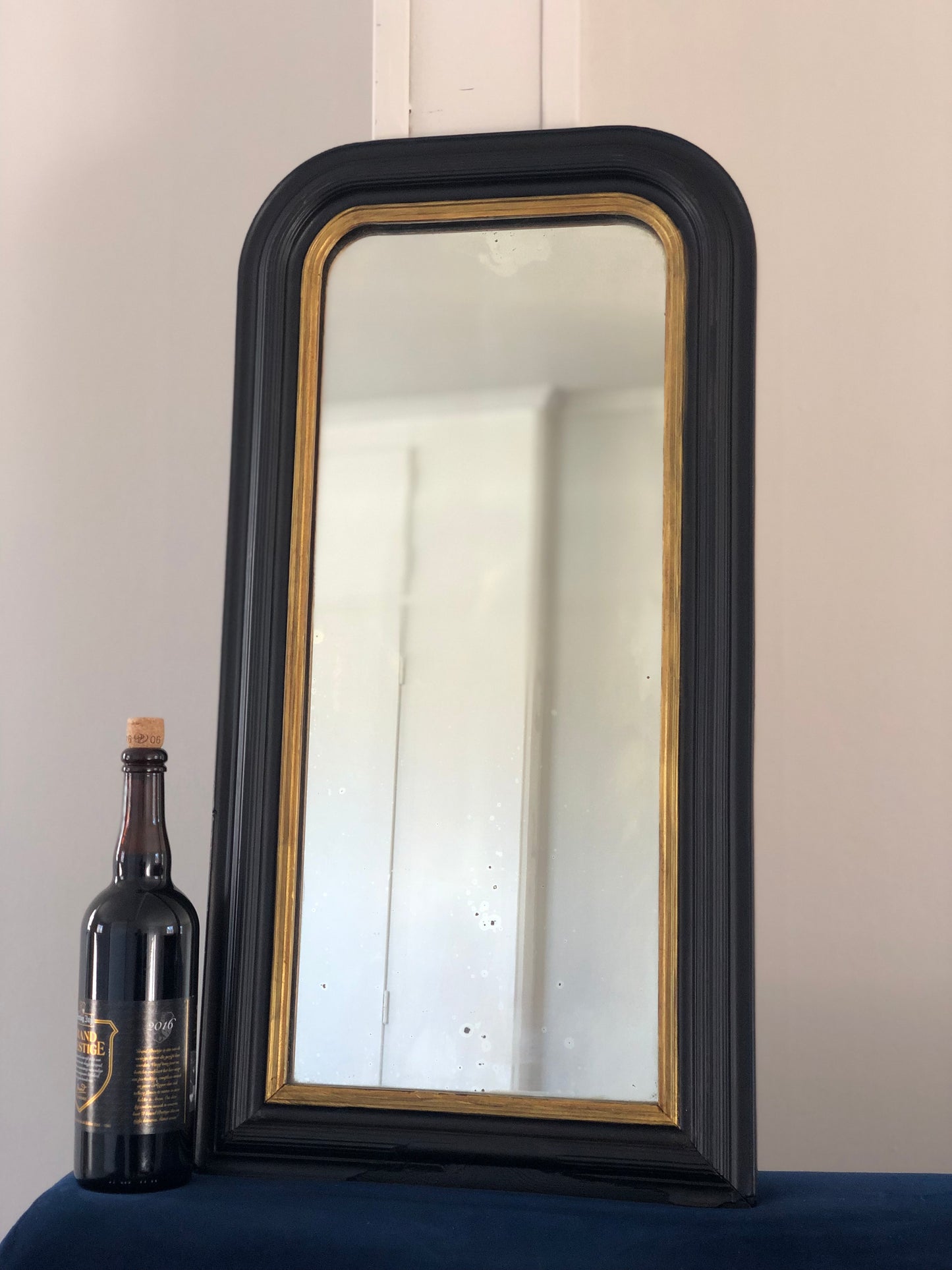Antique Louis Philippe Full Length Mirror In Black and Gold France Late 19th Century