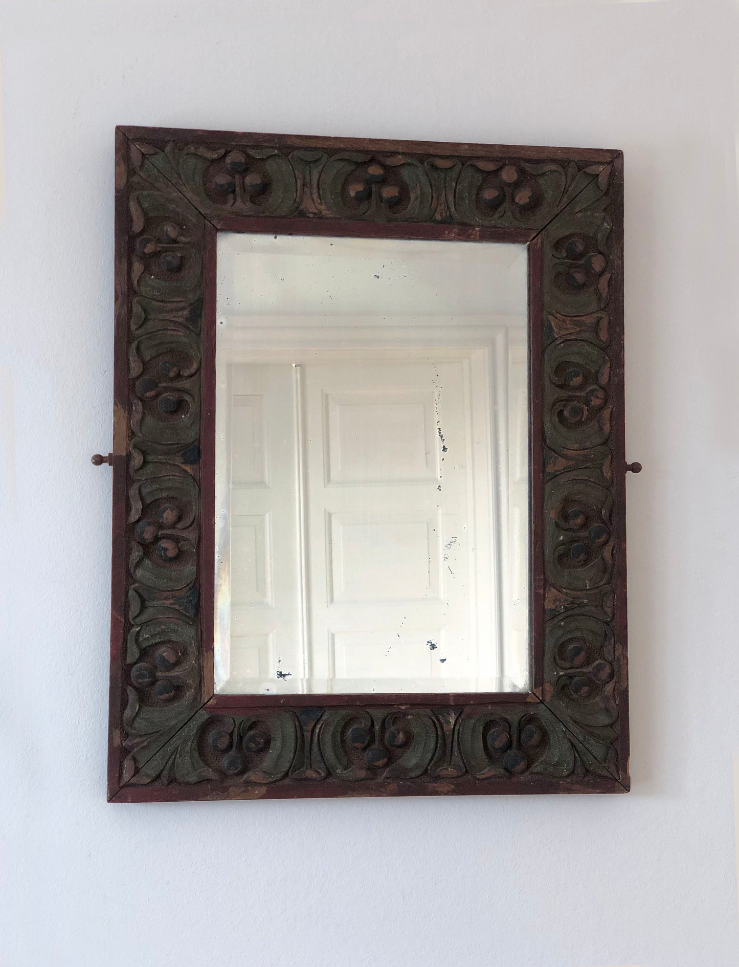 Folk Art Hand Carved Wooden Beveled Mirror