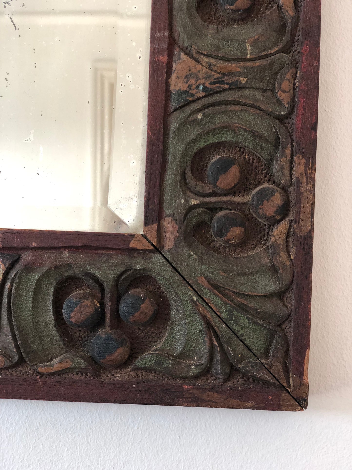 Folk Art Hand Carved Wooden Beveled Mirror