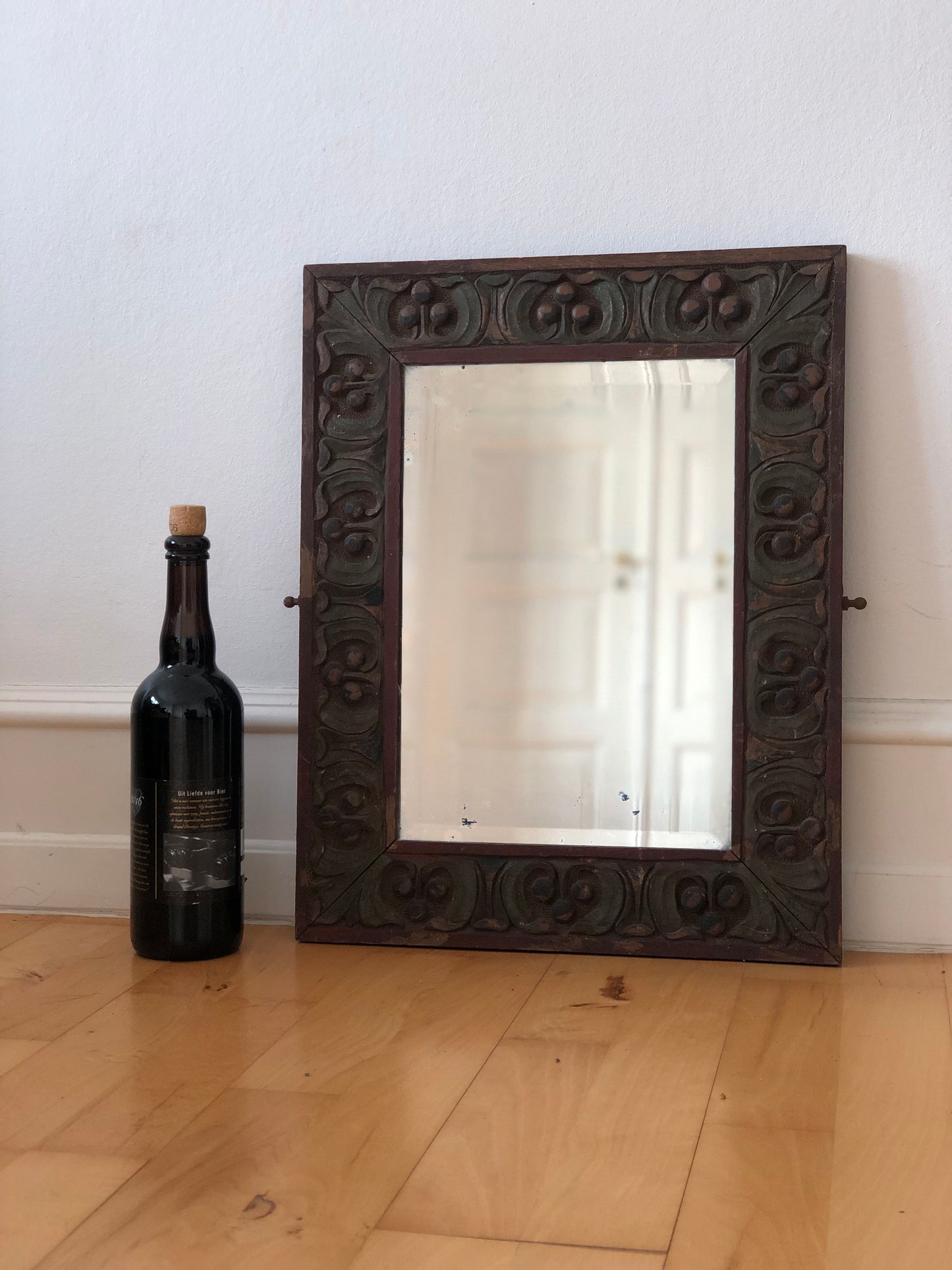Folk Art Hand Carved Wooden Beveled Mirror