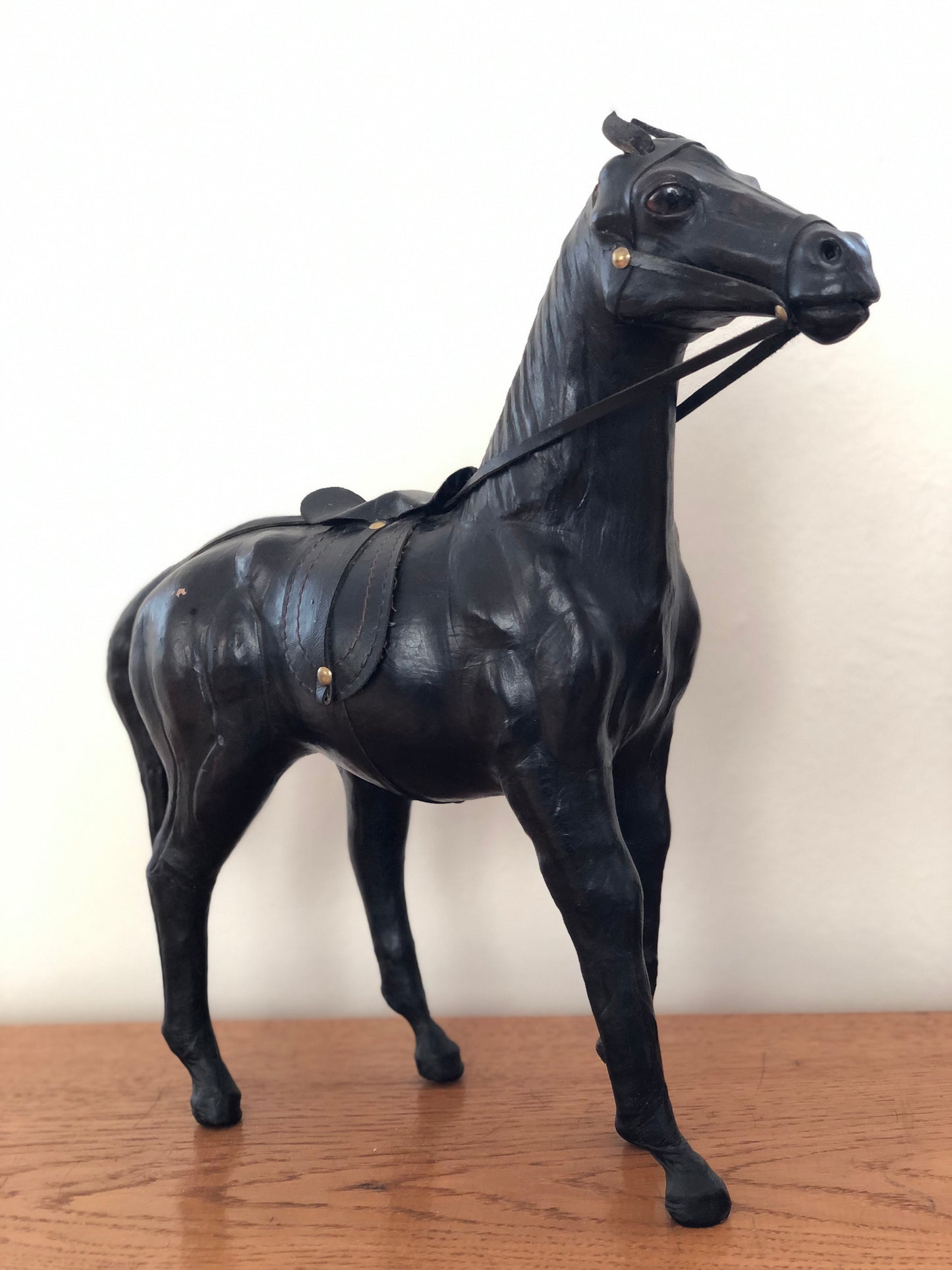 Handcrafted Leather Horse Statue with Brass Appointments