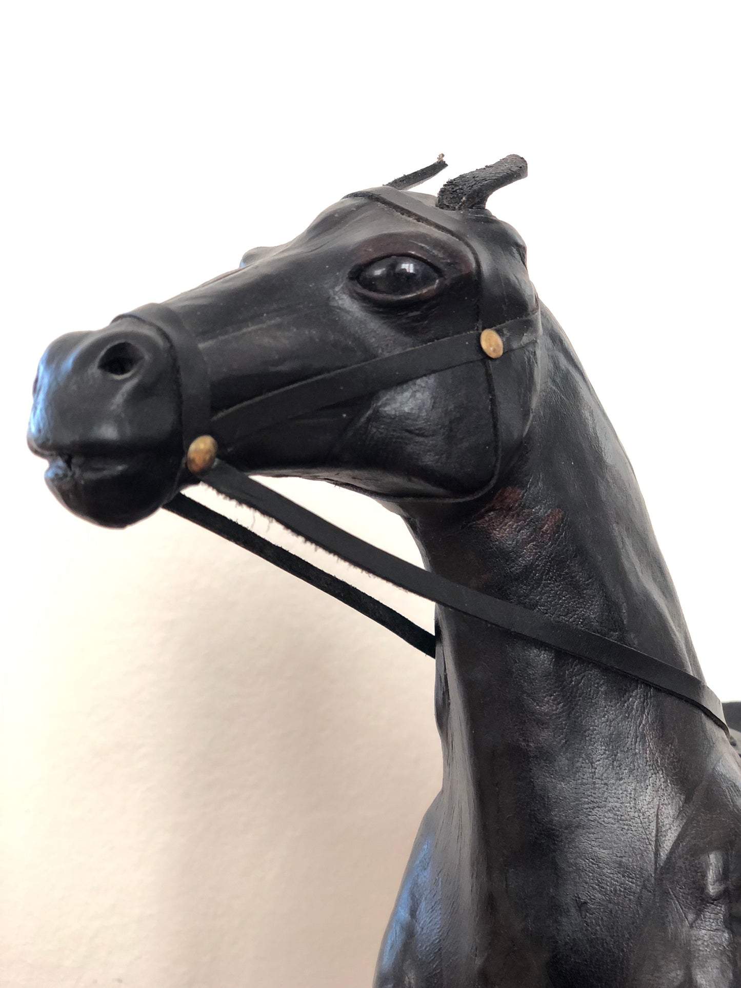 Handcrafted Leather Horse Statue with Brass Appointments