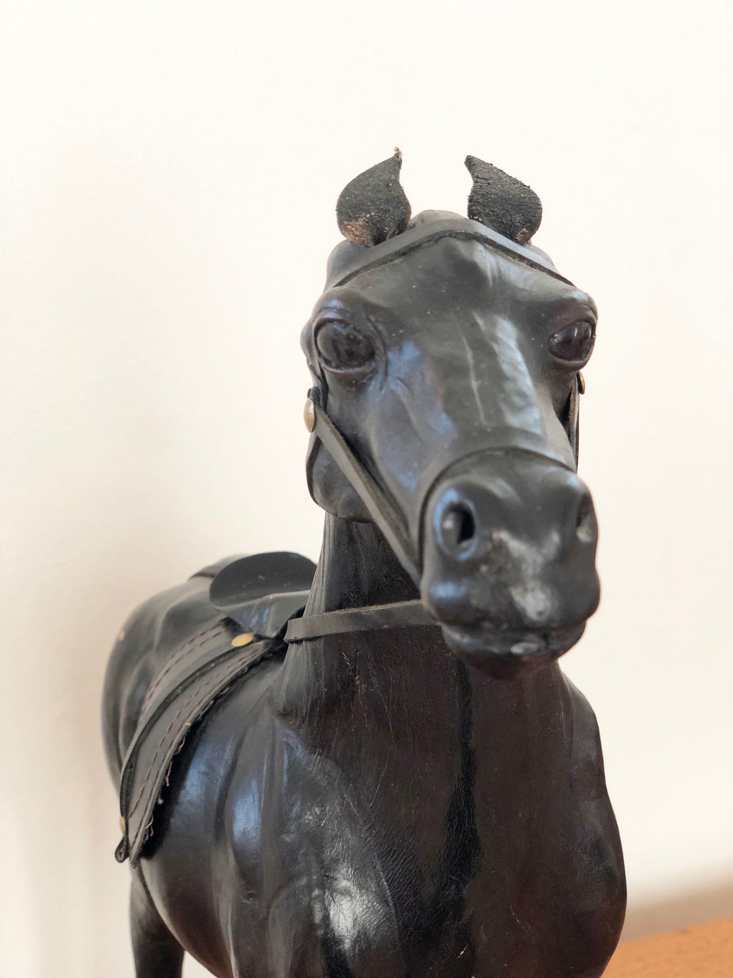 Handcrafted Leather Horse Statue with Brass Appointments