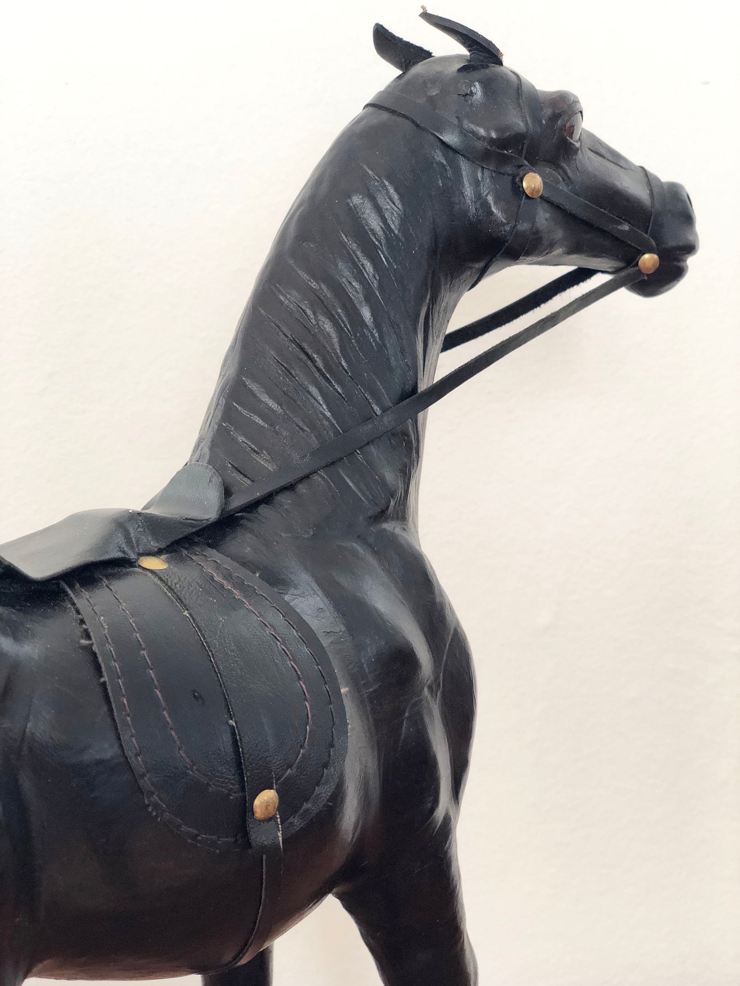 Handcrafted Leather Horse Statue with Brass Appointments