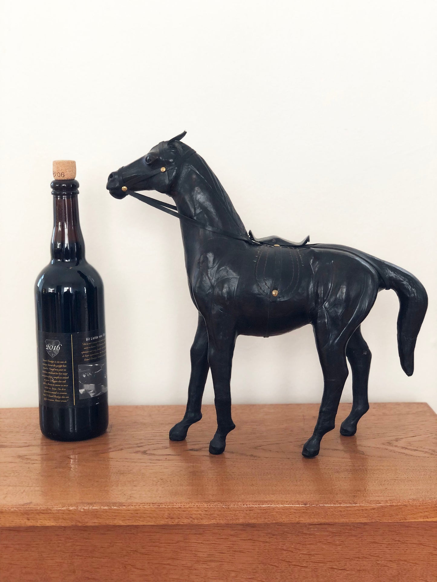 Handcrafted Leather Horse Statue with Brass Appointments