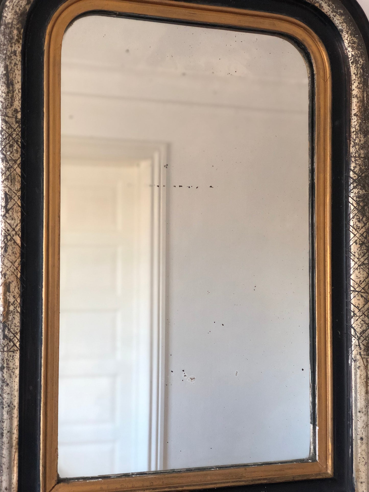 High Quality Antique Louis Philippe Mirror in Black, Silver and Gold France Late 19th Century
