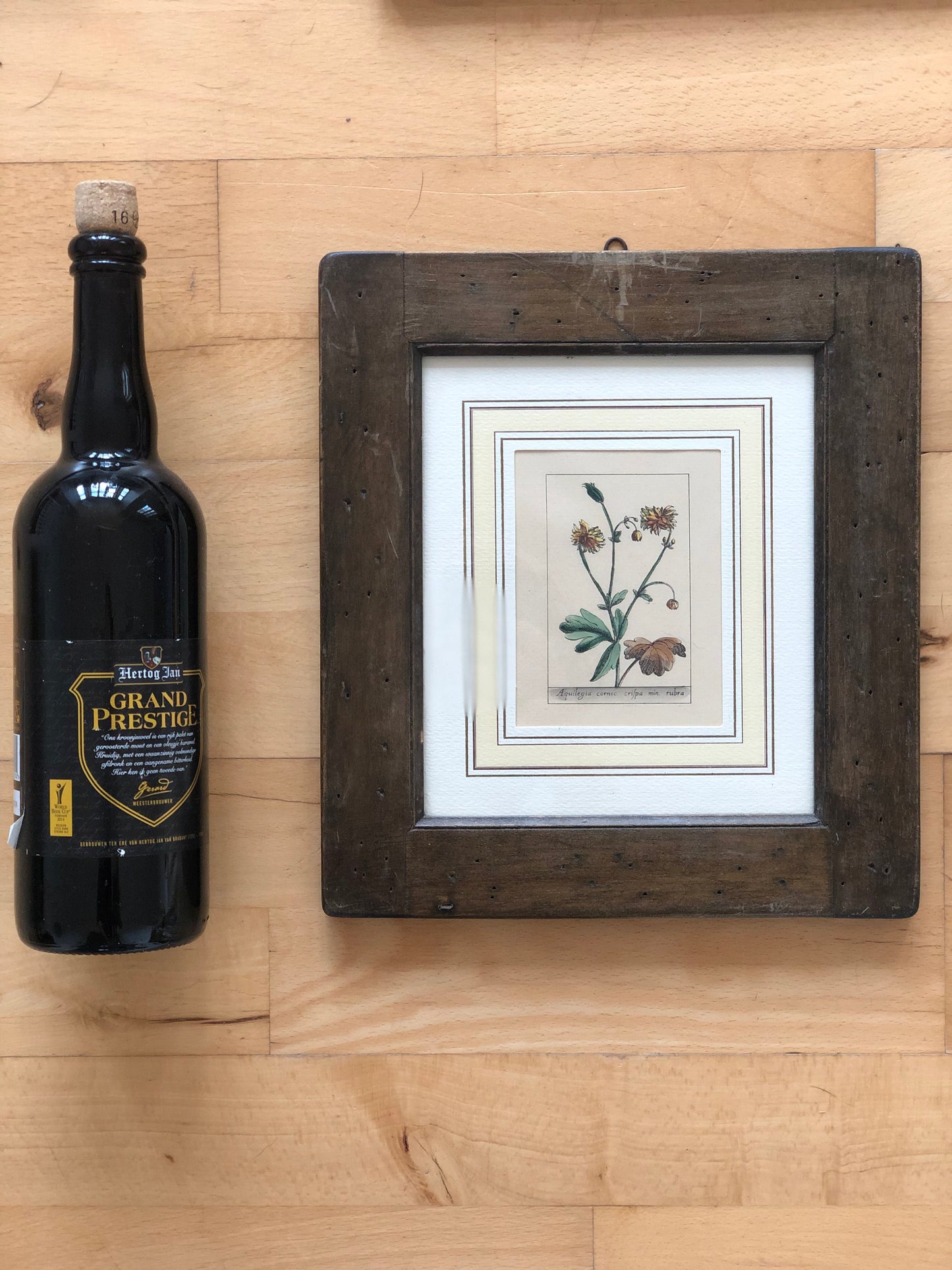 Set of 6 Hand-Coloured Botanical Prints in Rustic Wood Frames Italy 1980s