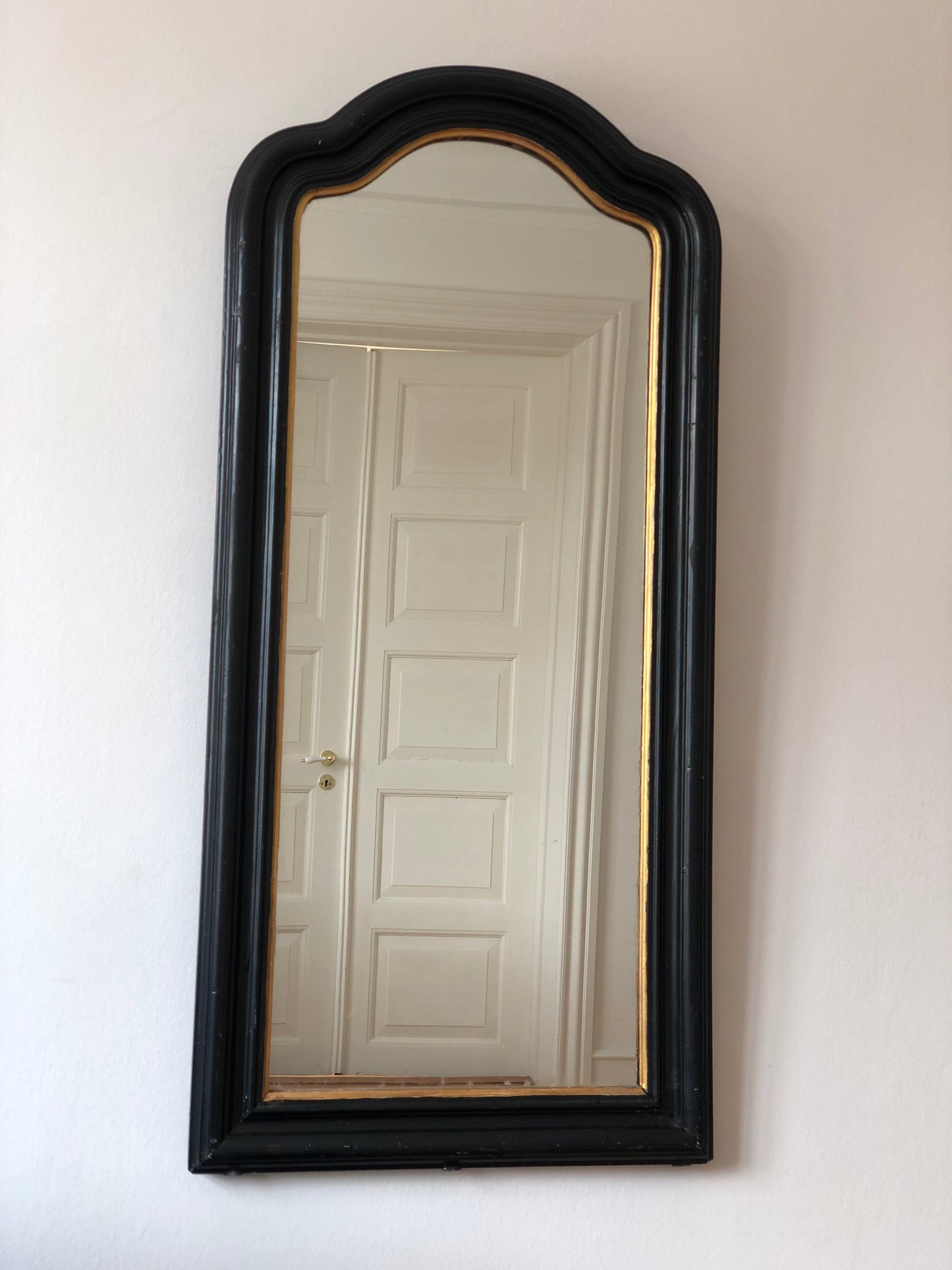Large Antique Louis Philippe French Full Length Mirror in Black and Gold, Late 19th Century