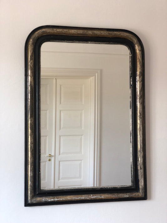 Large Antique Louis Philippe French Mirror in Black and silver Late 19th Century