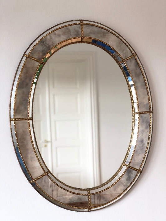 Large Vintage Venetian Oval Mirror Hollywood Regency in Gold Spain 1990s