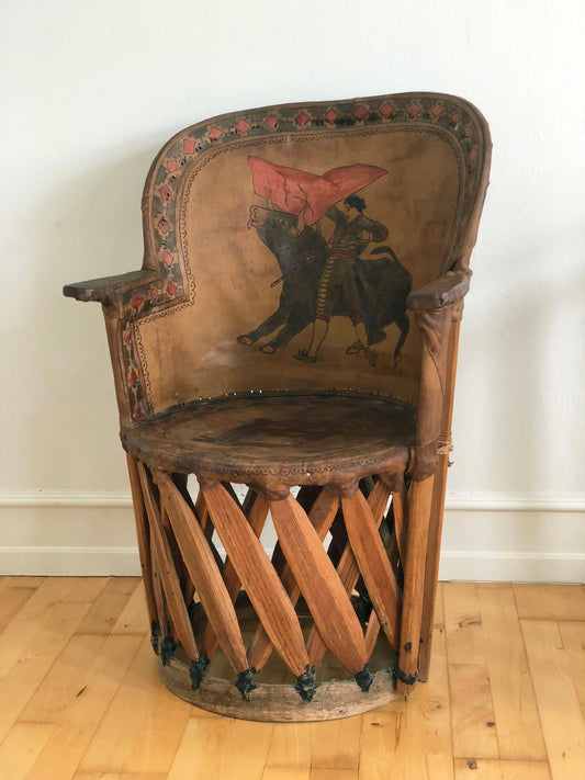 Mexican Equipale Folk Art Chair with Hand-Painted Bullfight Scene 1930s