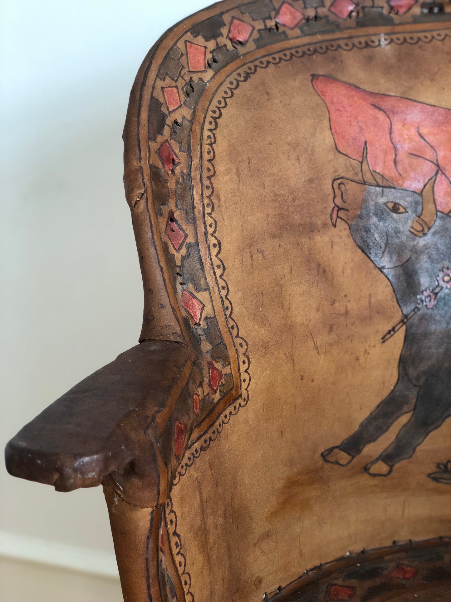 Mexican Equipale Folk Art Chair with Hand-Painted Bullfight Scene 1930s