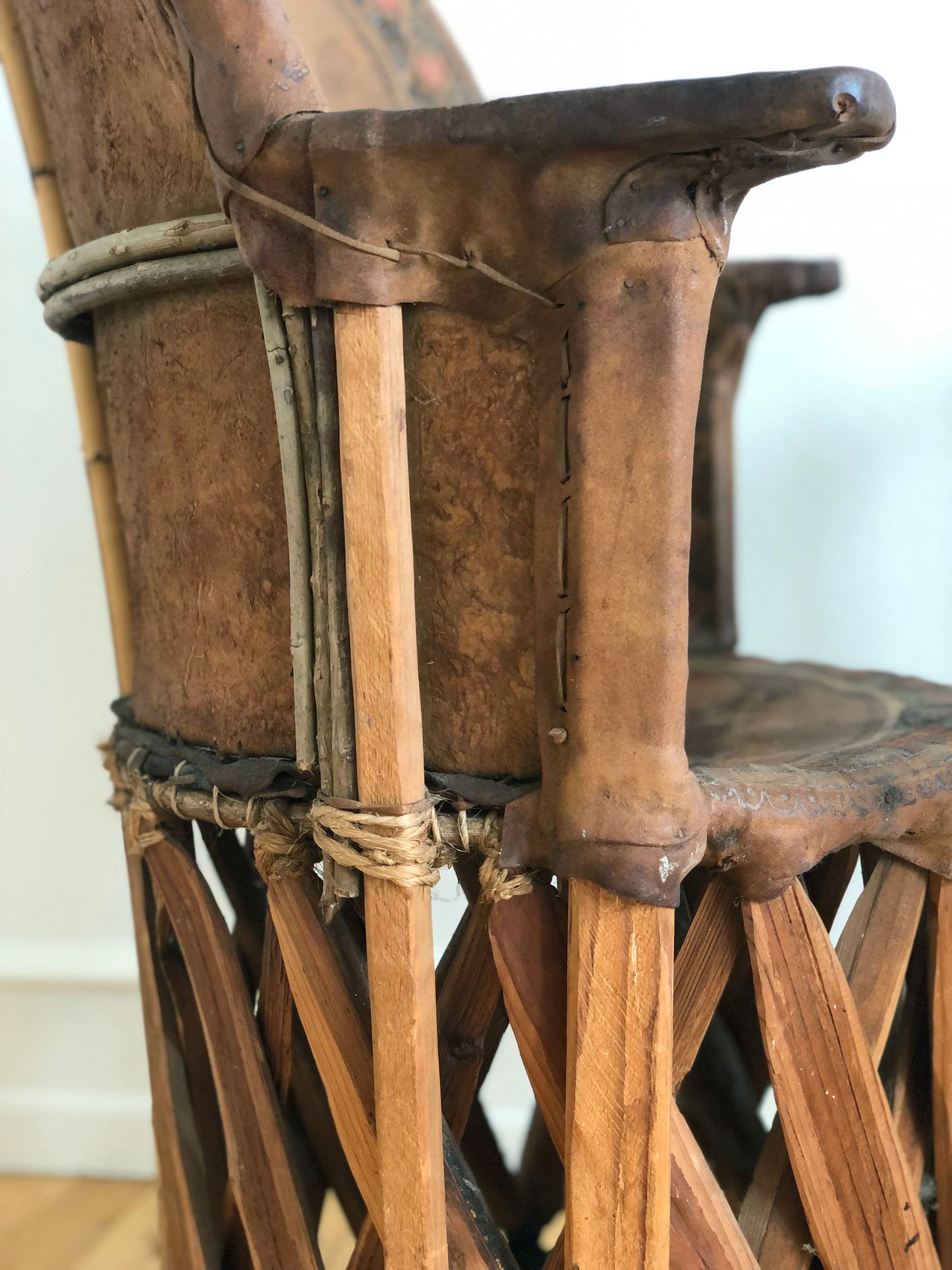 Mexican Equipale Folk Art Chair with Hand-Painted Bullfight Scene 1930s