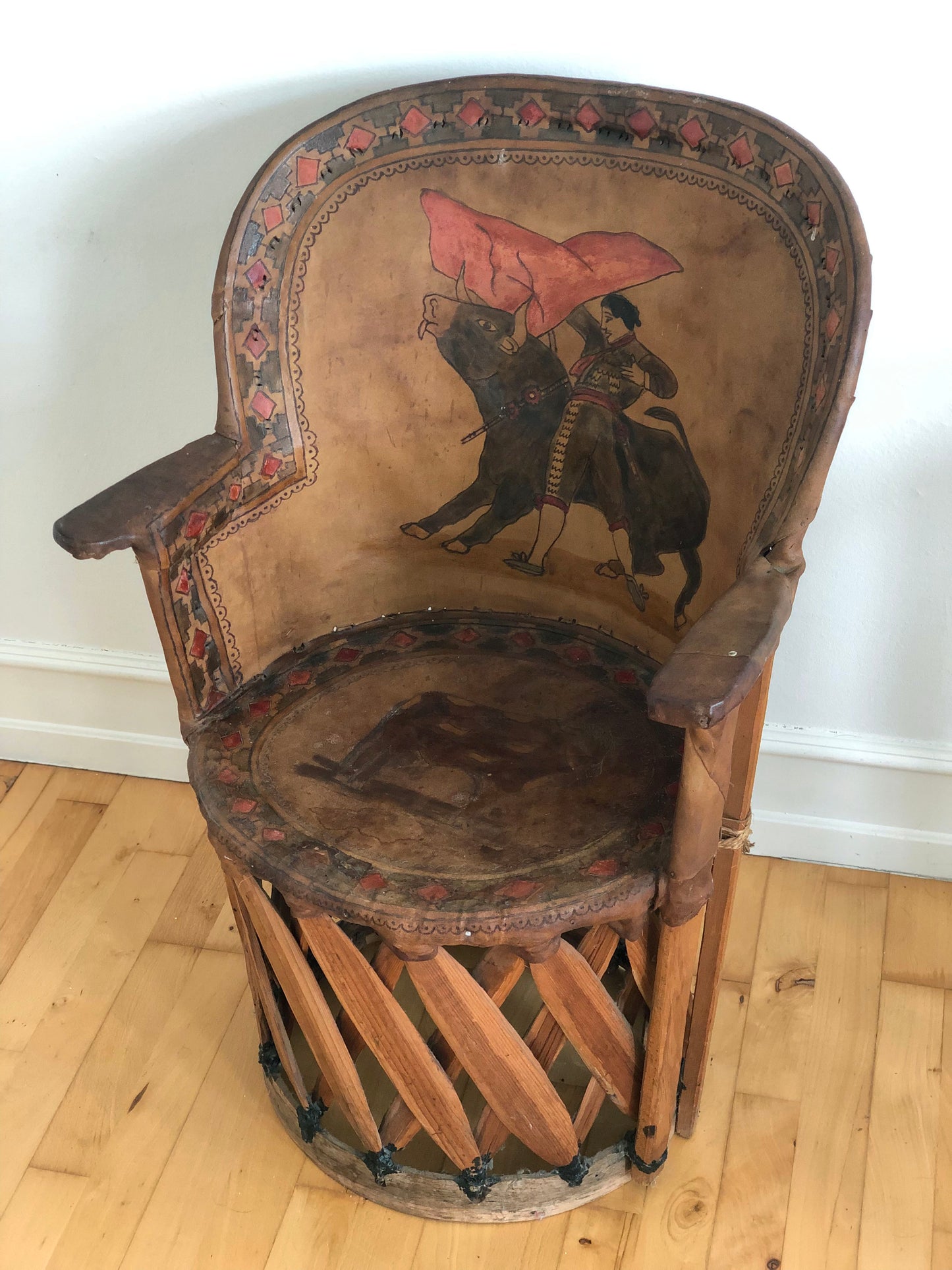 Mexican Equipale Folk Art Chair with Hand-Painted Bullfight Scene 1930s