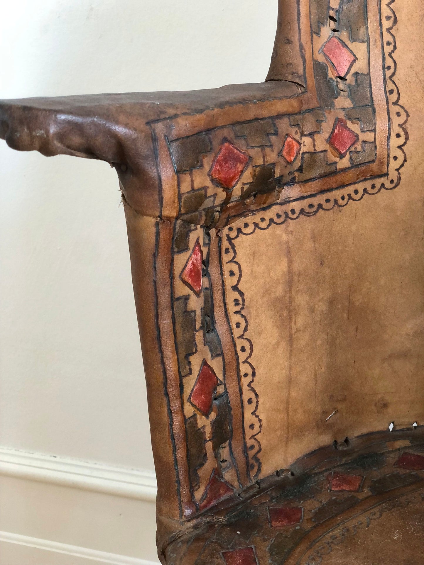 Mexican Equipale Folk Art Chair with Hand-Painted Bullfight Scene 1930s