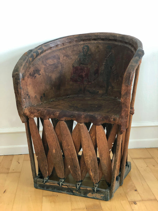 Mexican Equipale Folk Art Chair with Hand-Painted Scene 1930s