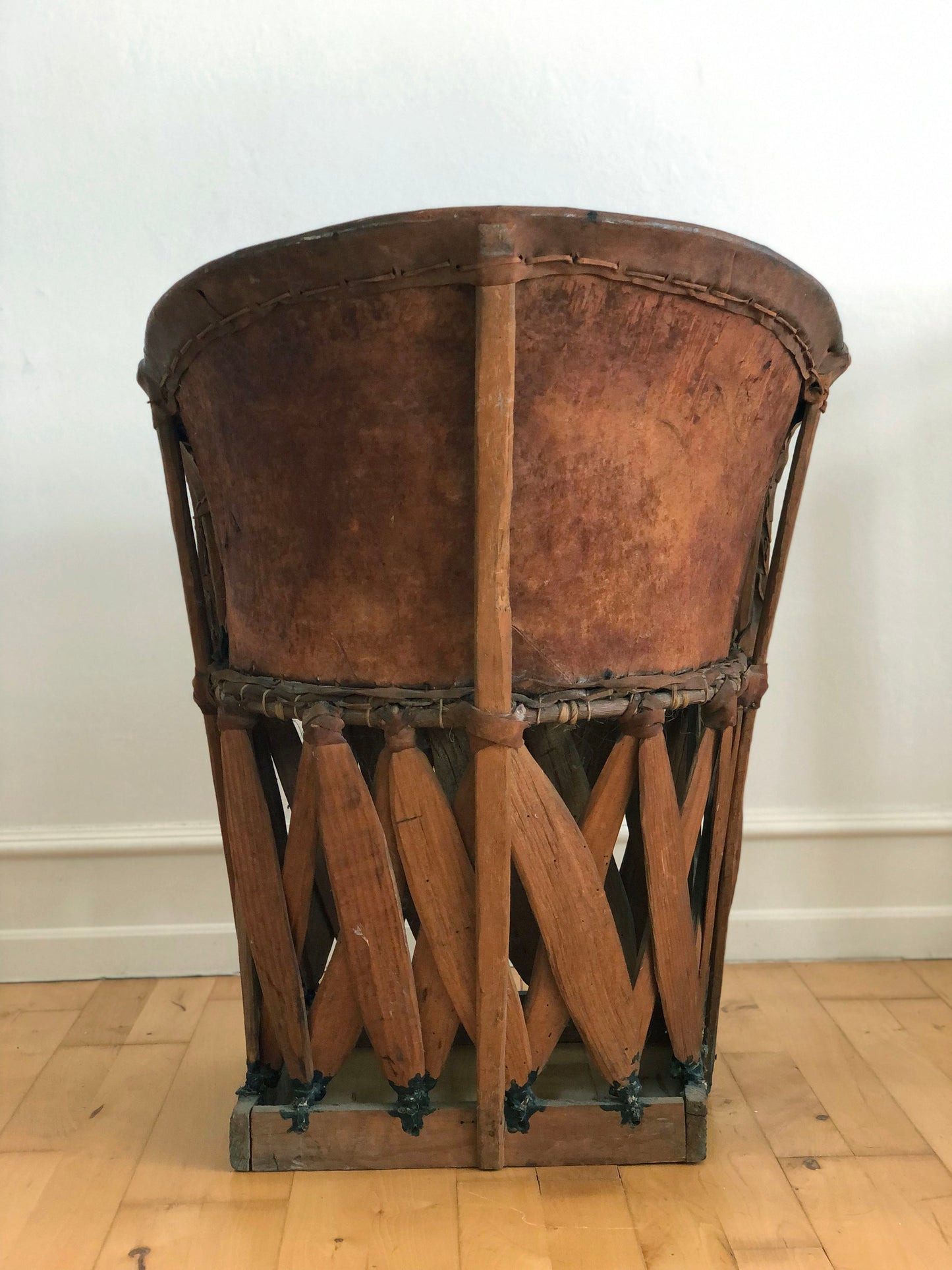 Mexican Equipale Folk Art Chair with Hand-Painted Scene 1930s