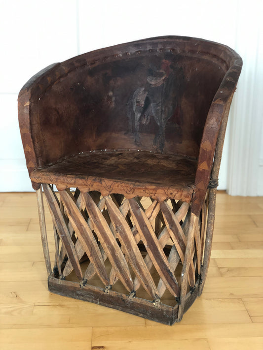 Mexican Equipale Folk Art Chair with Hand-Painted Scene 1930s