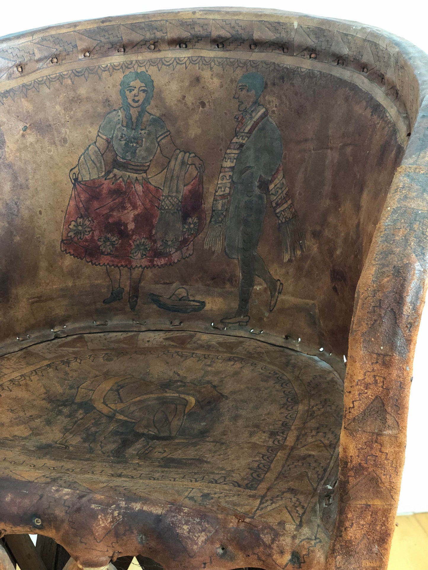 Mexican Equipale Folk Art Chair with Hand-Painted Scene 1930s