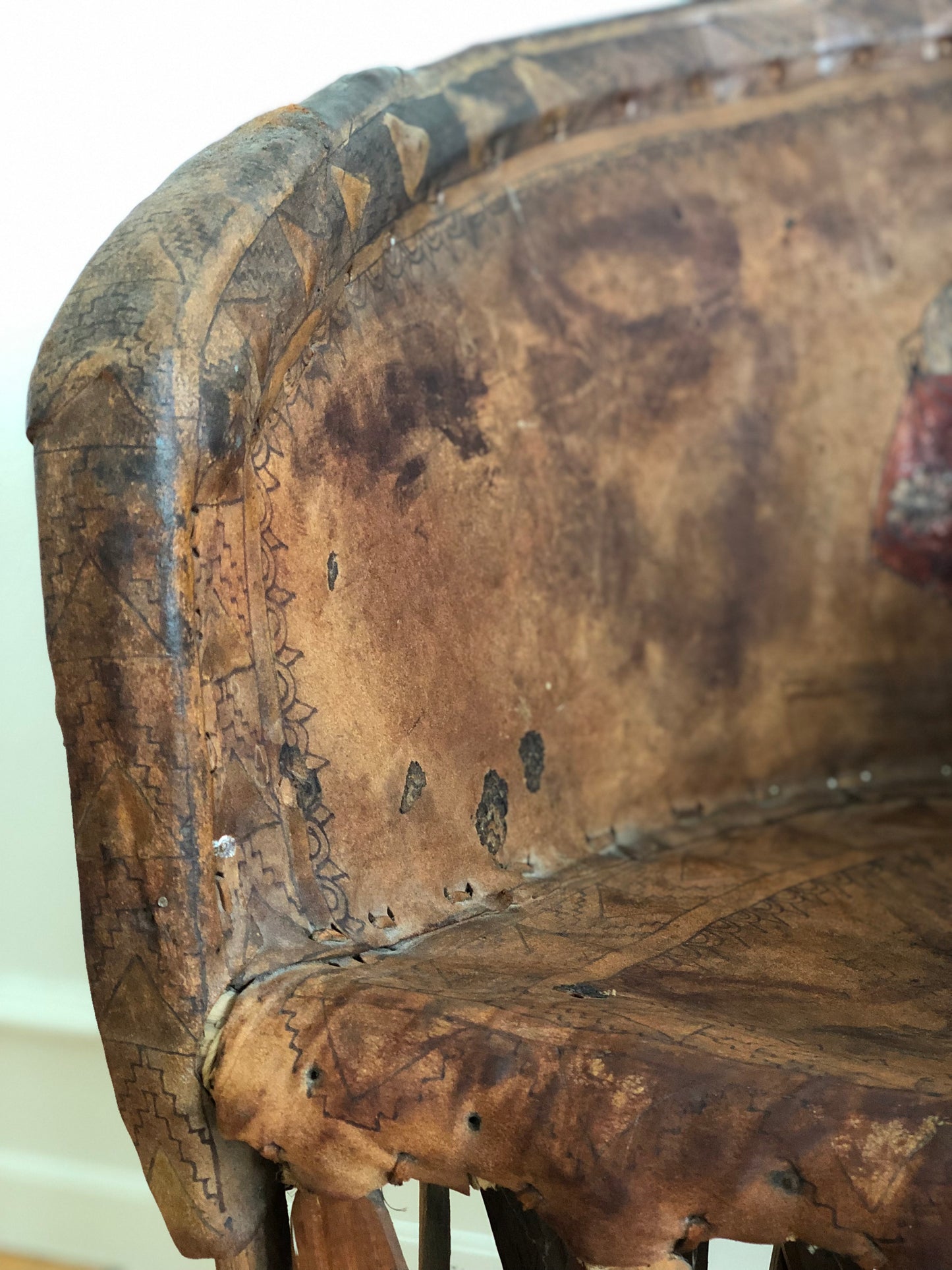 Mexican Equipale Folk Art Chair with Hand-Painted Scene 1930s