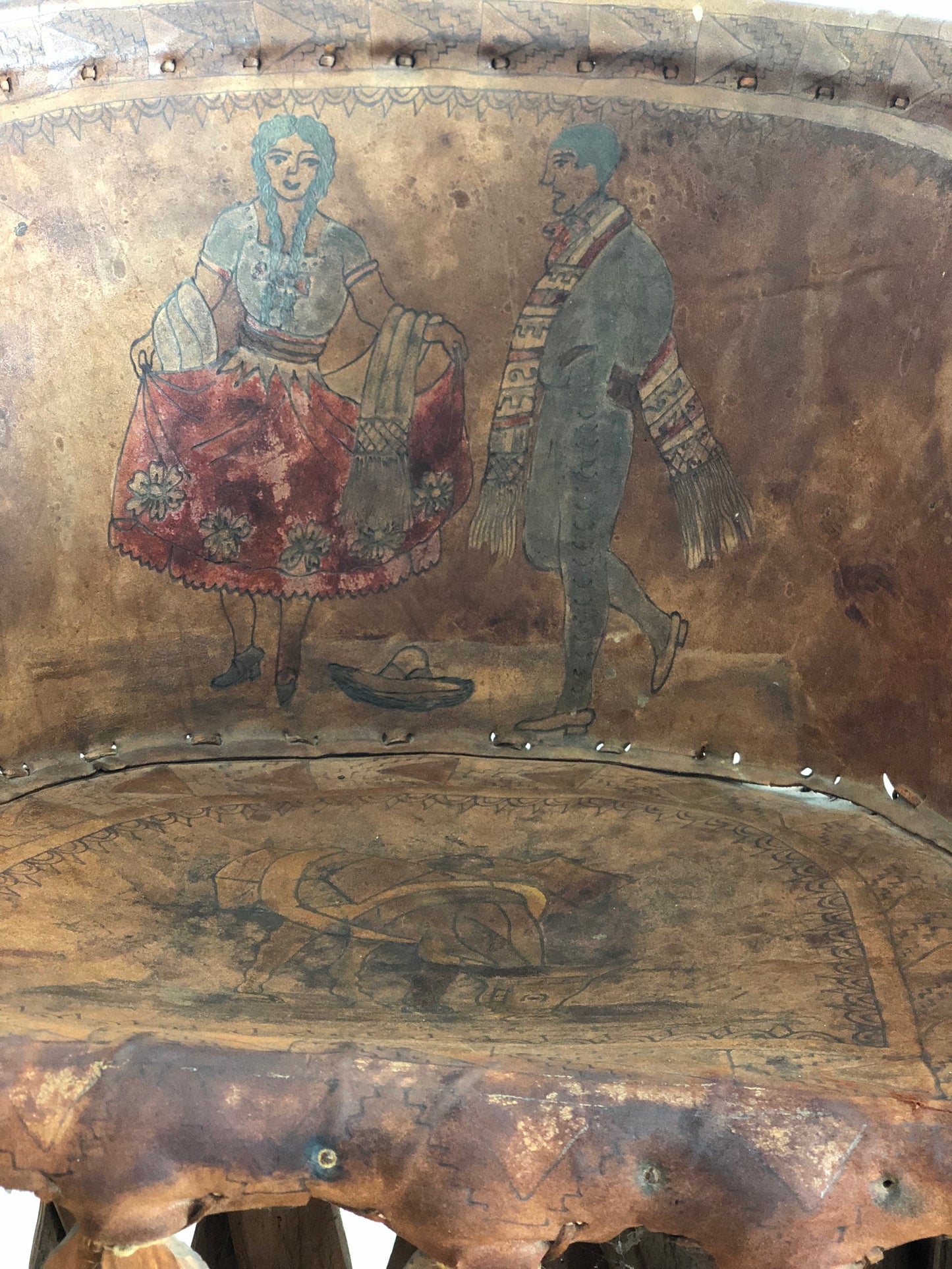 Mexican Equipale Folk Art Chair with Hand-Painted Scene 1930s