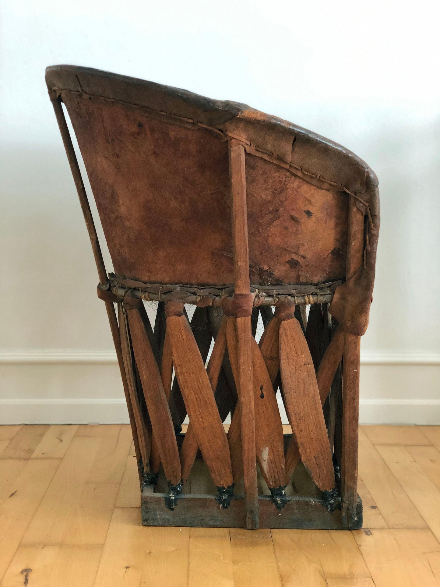 Mexican Equipale Folk Art Chair with Hand-Painted Scene 1930s