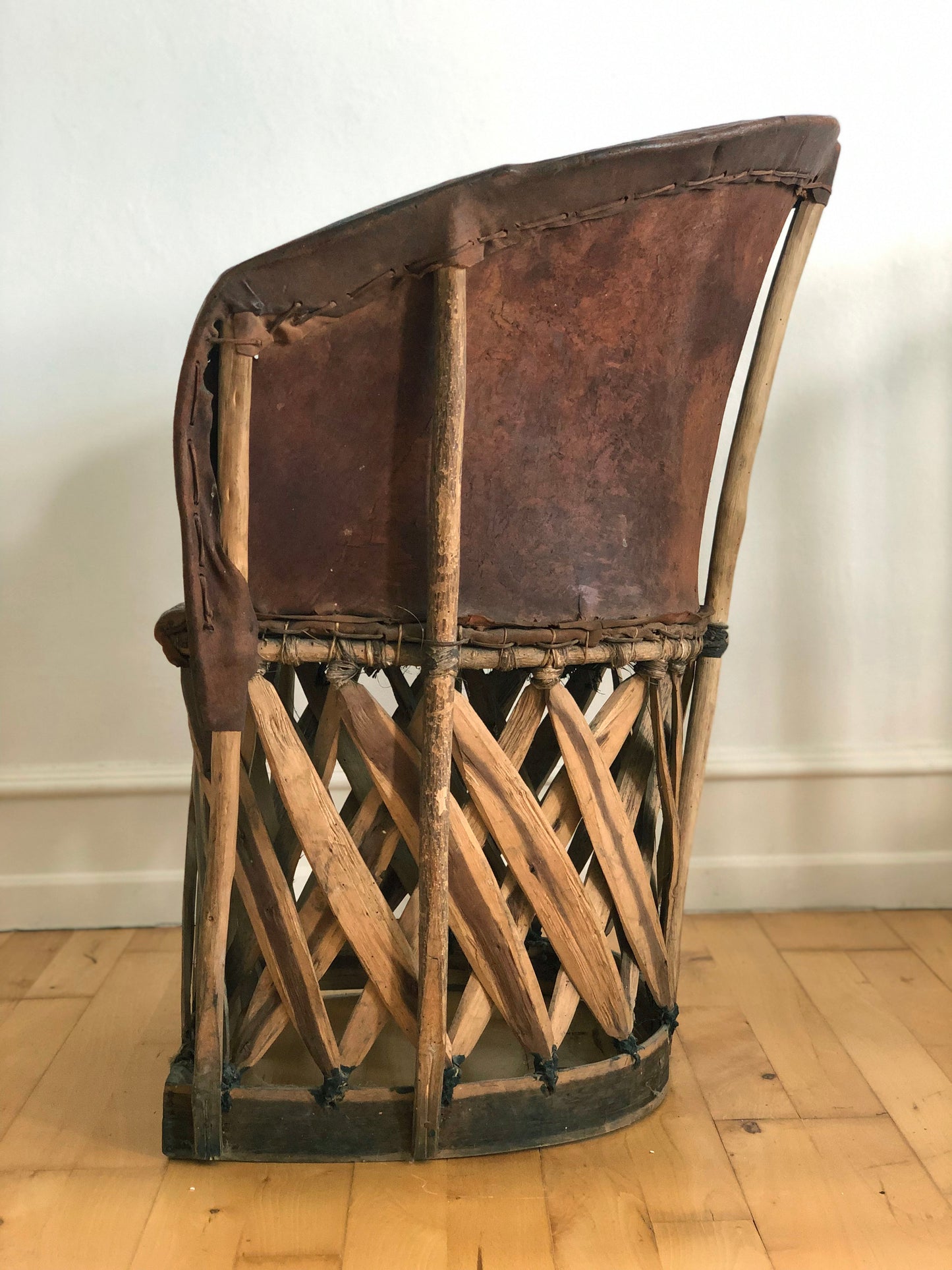 Mexican Equipale Folk Art Chair with Hand-Painted Scene 1930s