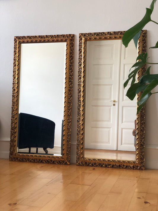 Pair Of Vintage Rococo Gilded Beveled Full-Length Mirrors Belgium 1960s