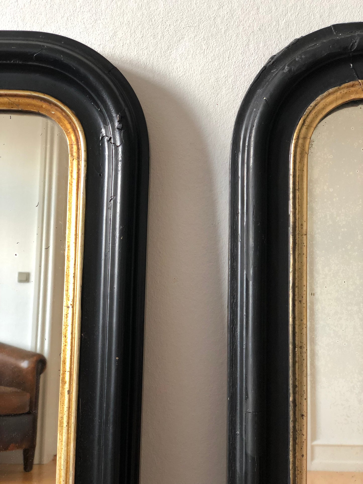 Pair of Antique Louis Philippe Full Length Large French Mirrors in Black and Gold Late 19th Century