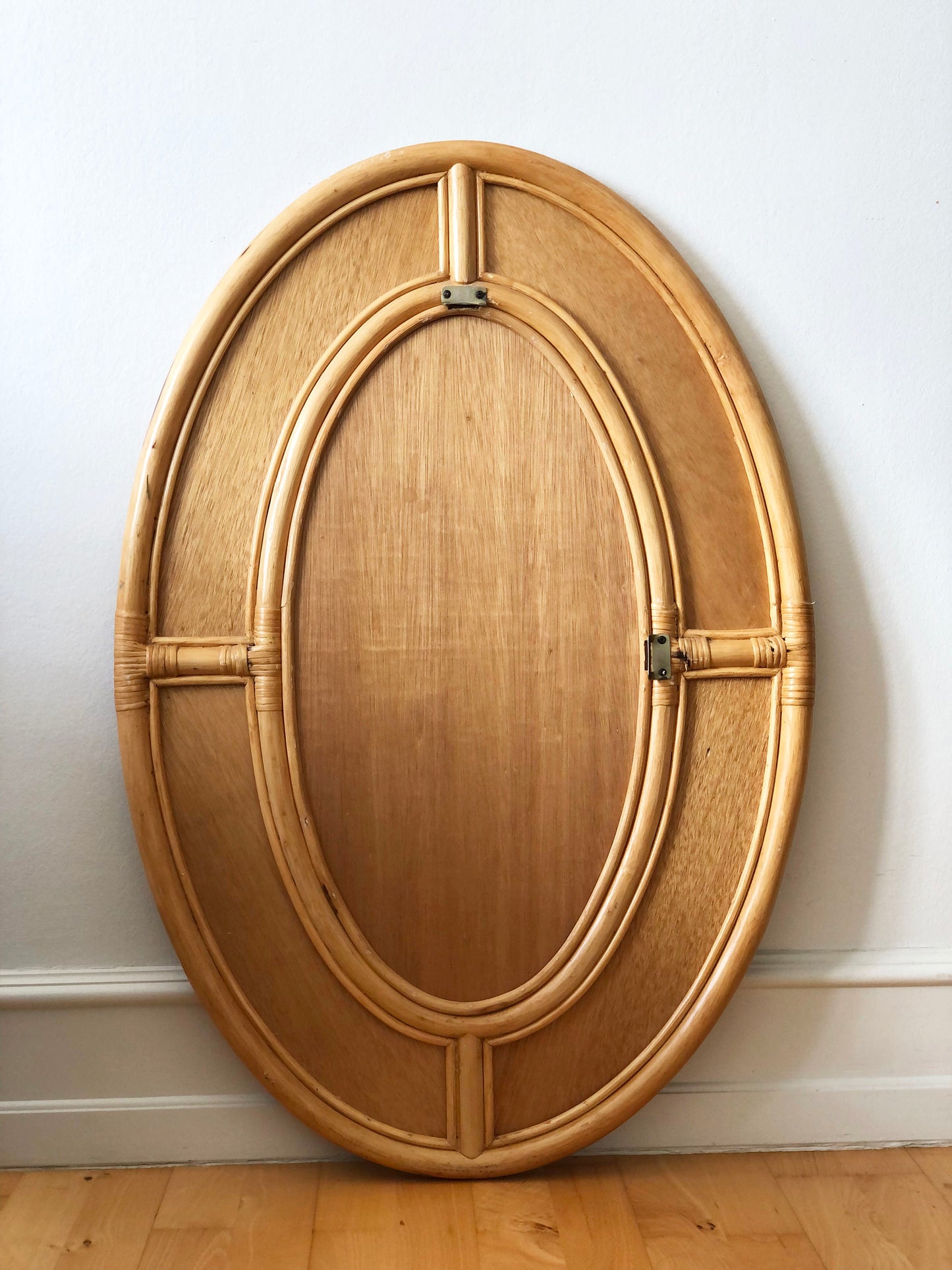 Vintage Bohemian Oval Rattan Wall Mirror with Cane Webbing 1970s