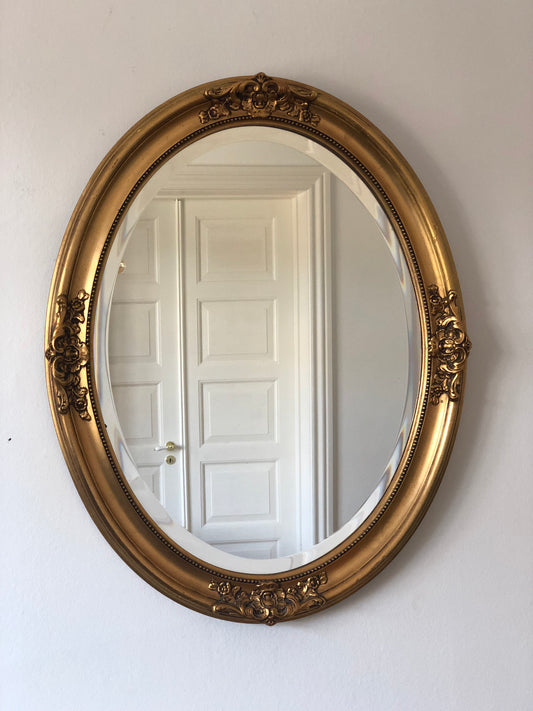Vintage Oval Golden Bevelled Mirror Denmark 1950s