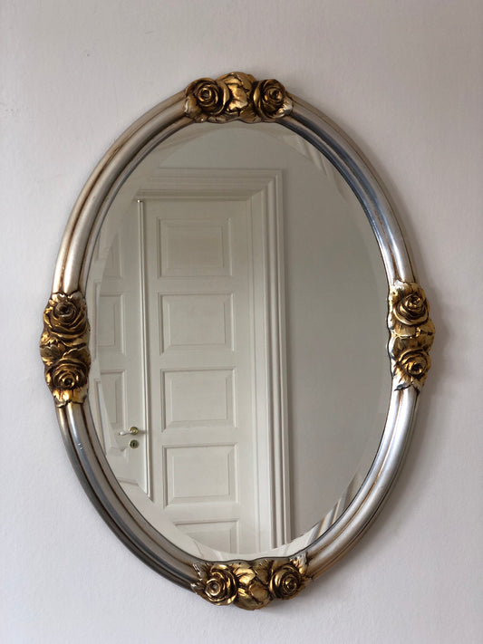 Vintage Oval Silver Bevelled Mirror with Golden Roses