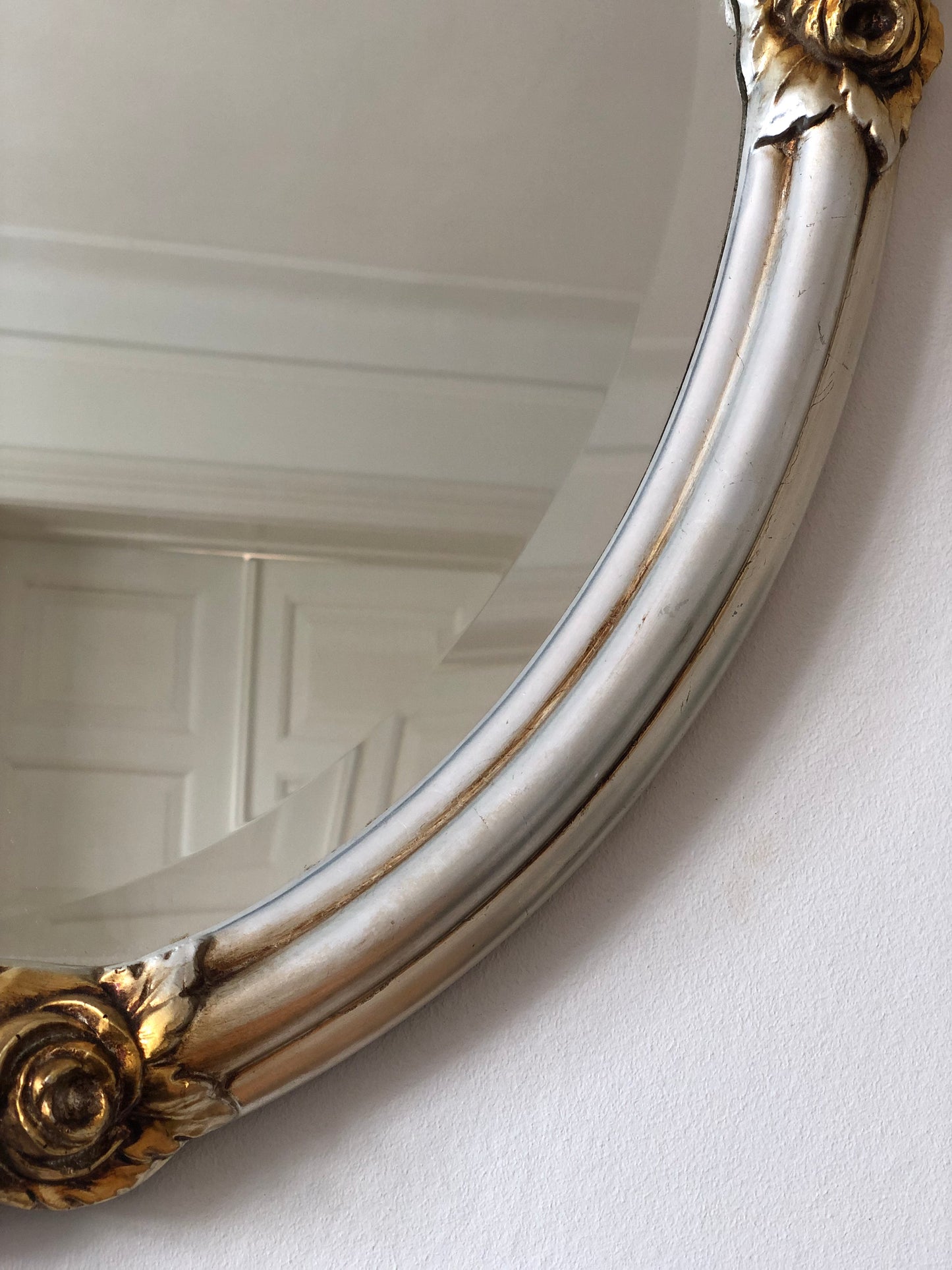 Vintage Oval Silver Bevelled Mirror with Golden Roses