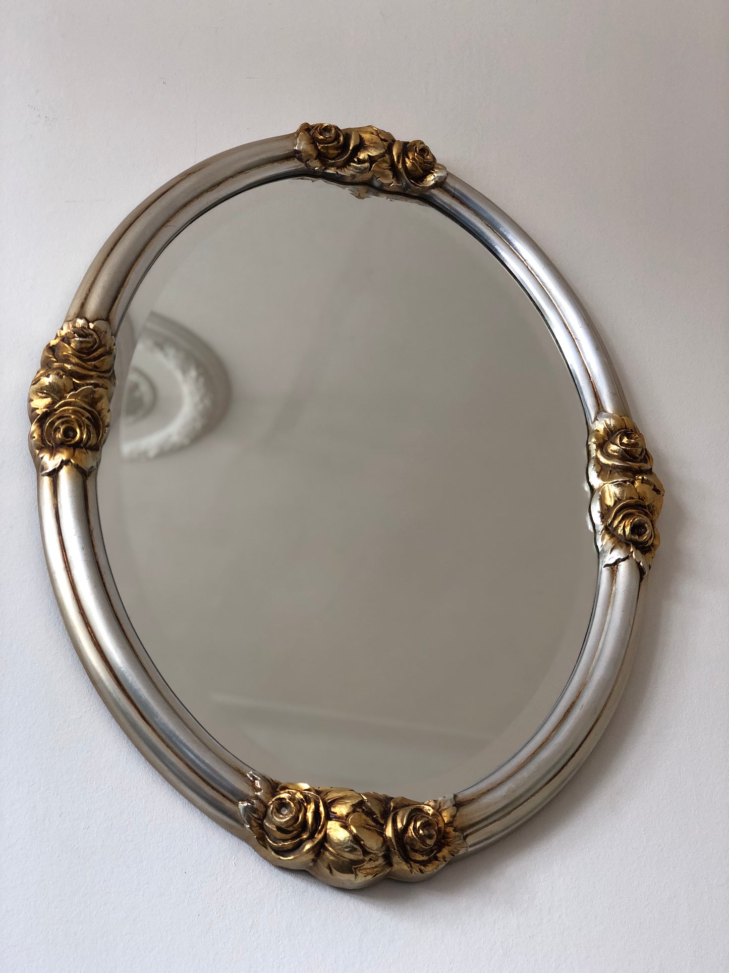 Vintage Oval Silver Bevelled Mirror with Golden Roses