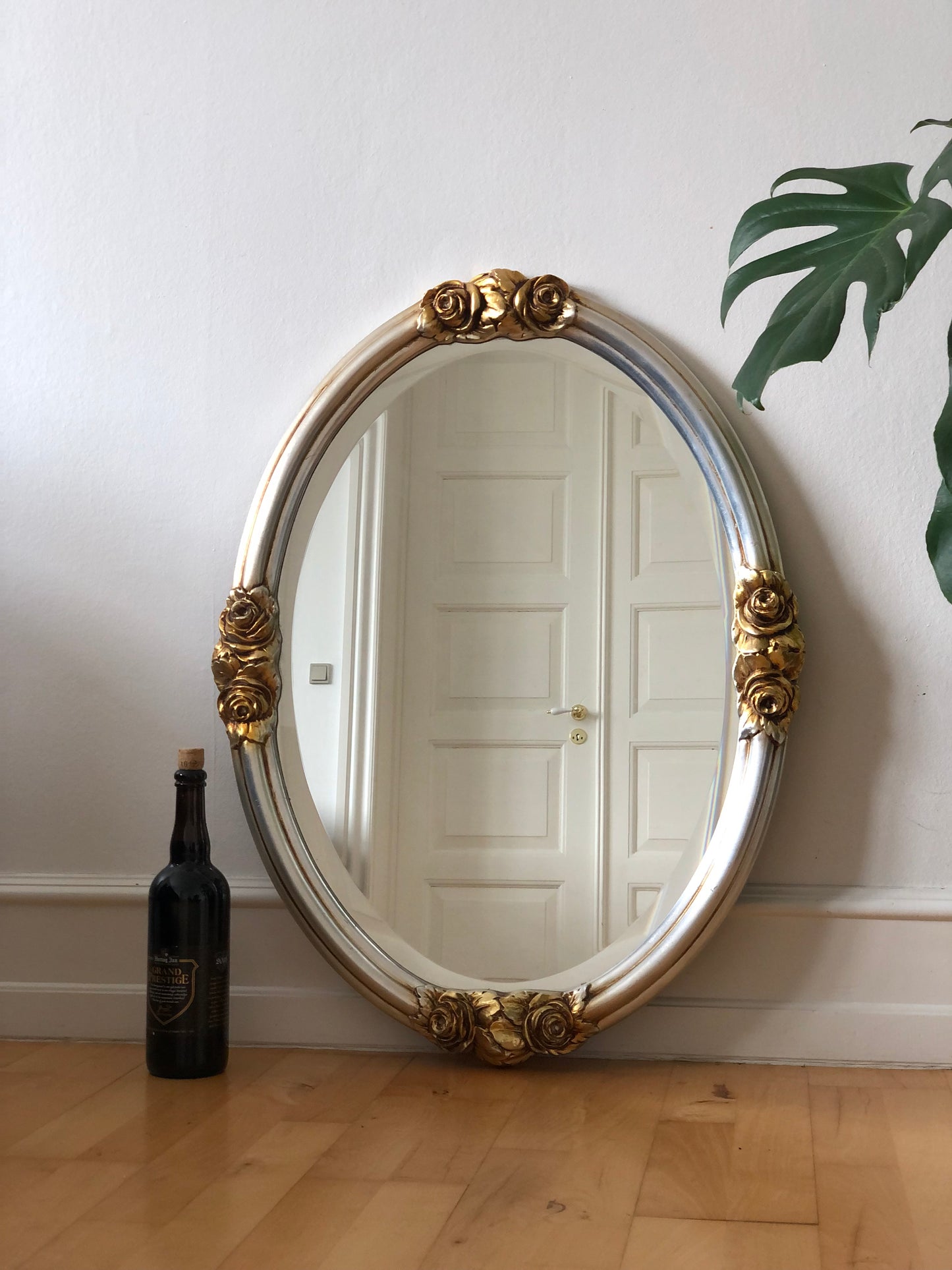 Vintage Oval Silver Bevelled Mirror with Golden Roses