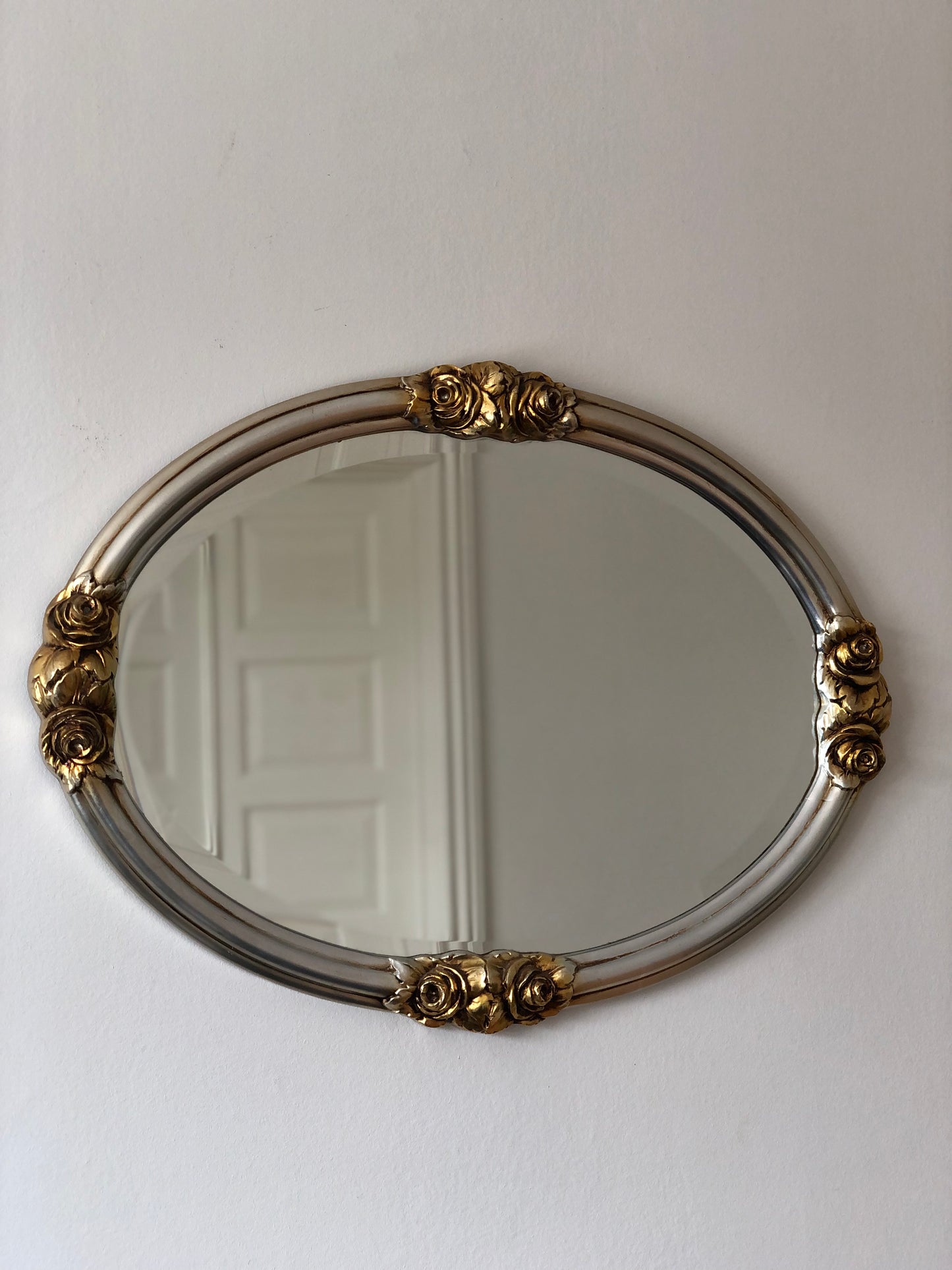 Vintage Oval Silver Bevelled Mirror with Golden Roses