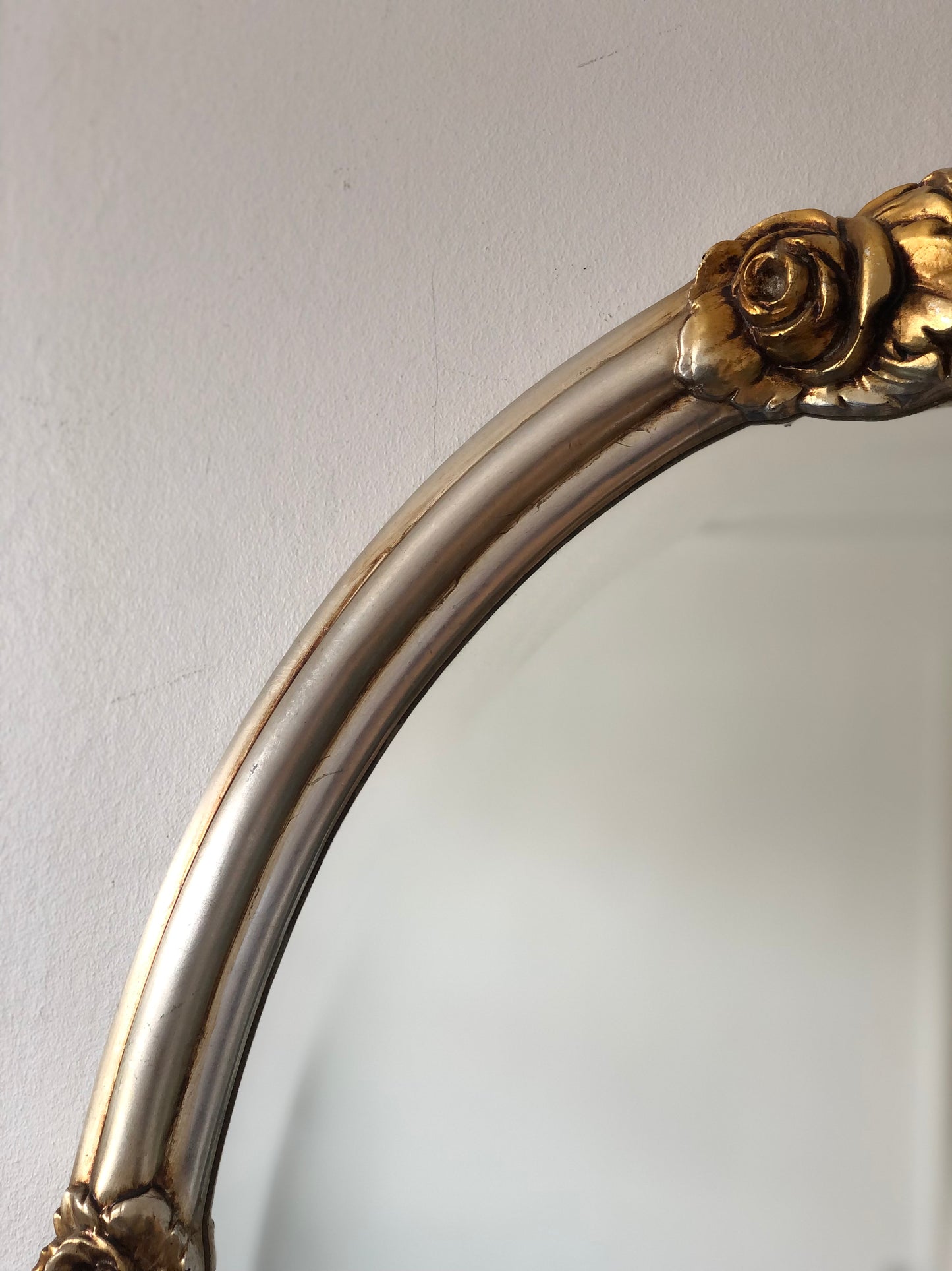 Vintage Oval Silver Bevelled Mirror with Golden Roses
