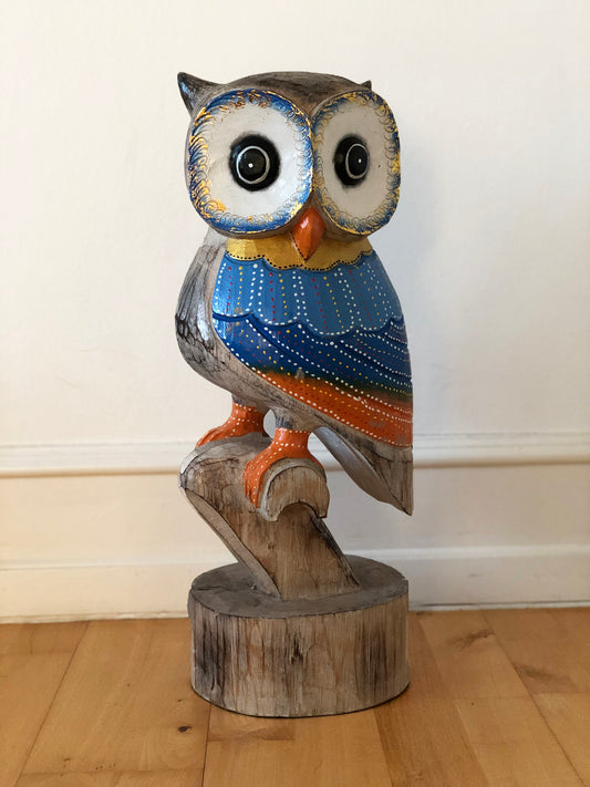 Vintage Hand Carved Wooden Owl Sculpture Portugal