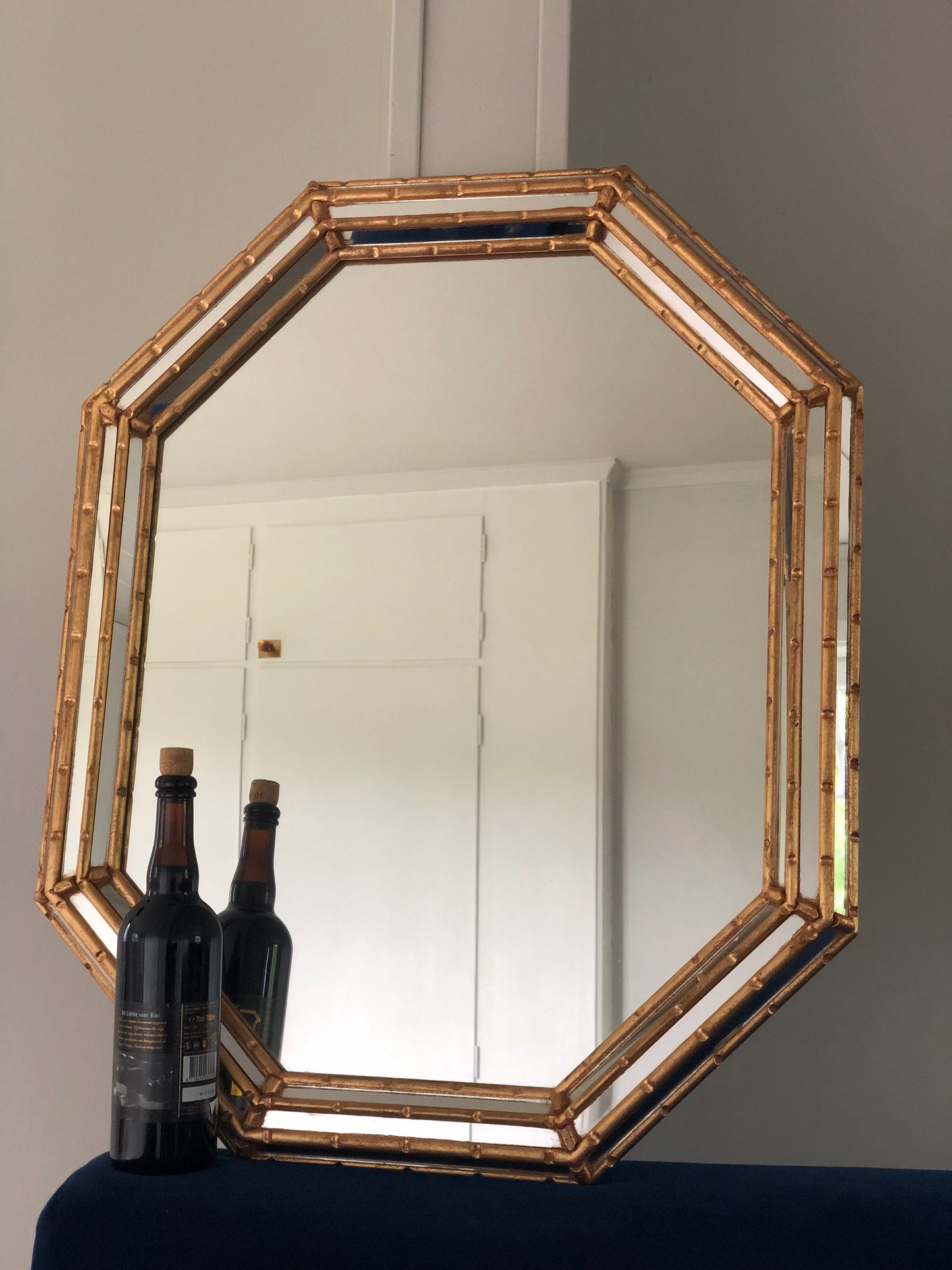Vintage LaBarge Giltwood Octagonal Mirror Hollywood Regency Faux Bamboo Italy 1970