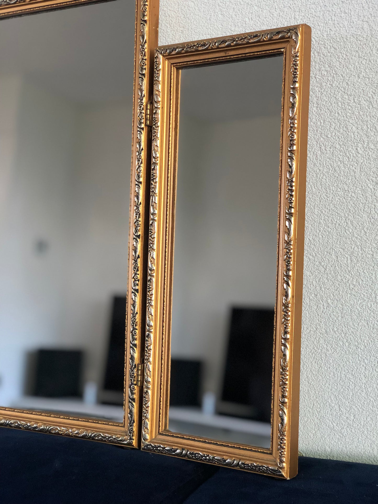 Vintage Vanity Tri Fold Makeup Mirror Giltwood and Carved