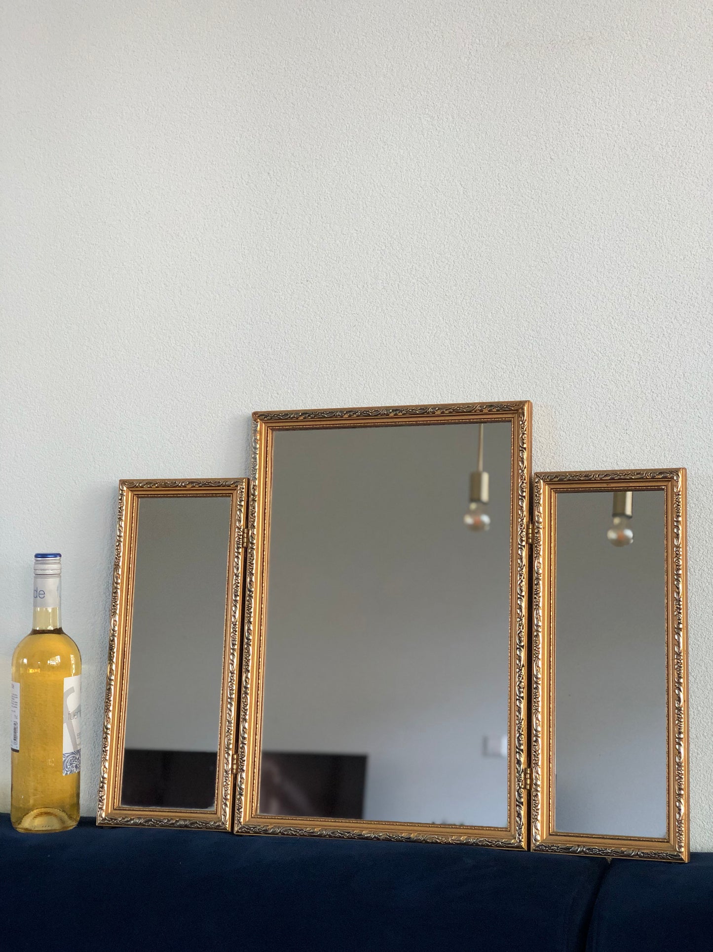 Vintage Vanity Tri Fold Makeup Mirror Giltwood and Carved