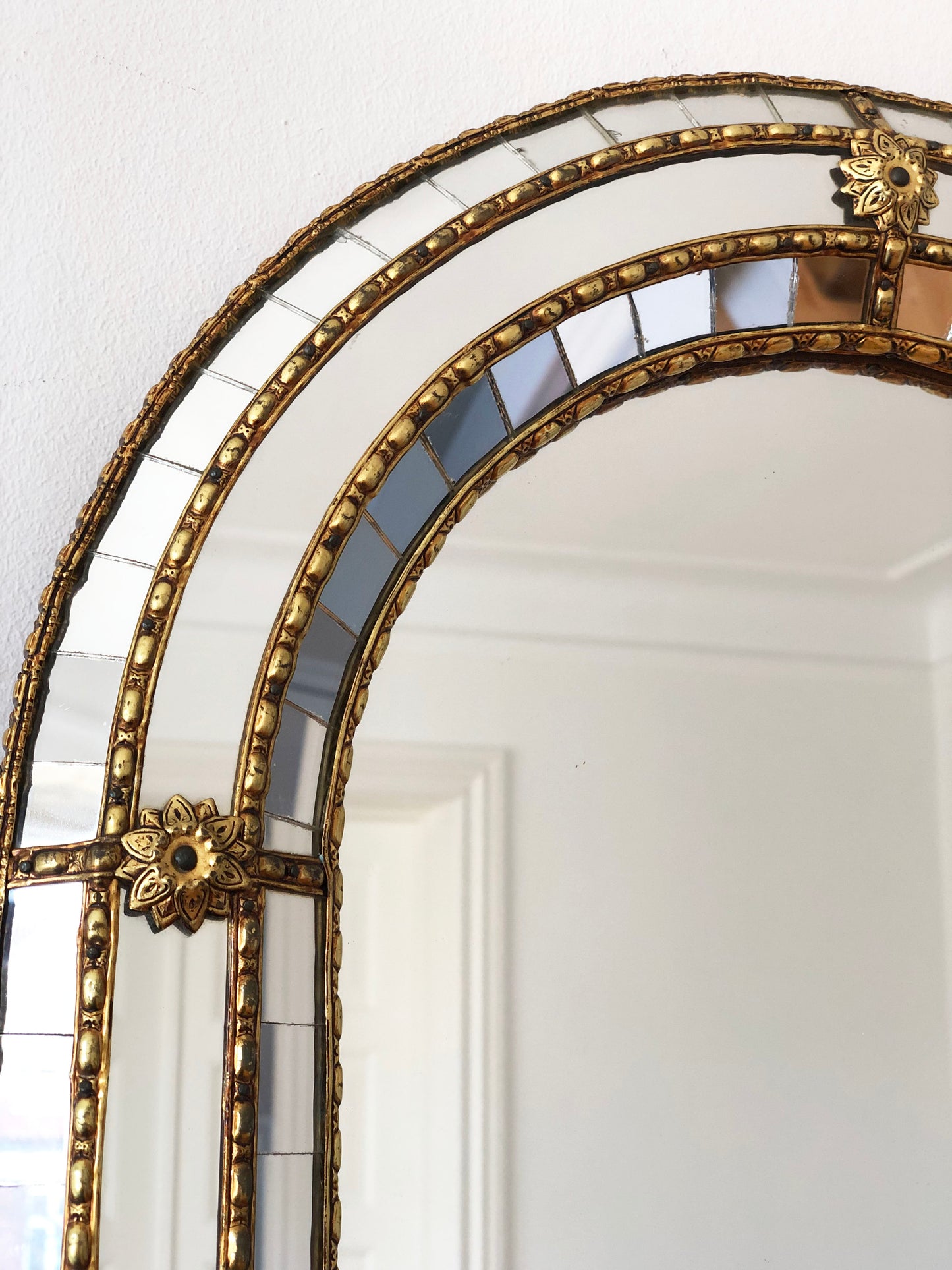Large Vintage Venetian Full Length Brass Mirror – Gold Hollywood Regency, Spanish 1990s