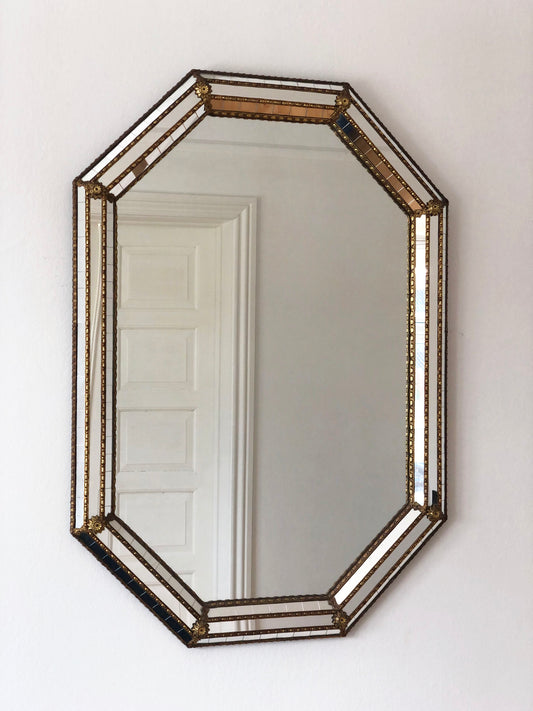 Vintage Venetian Octagon Mirror Hollywood Regency in Gold Spain 1985
