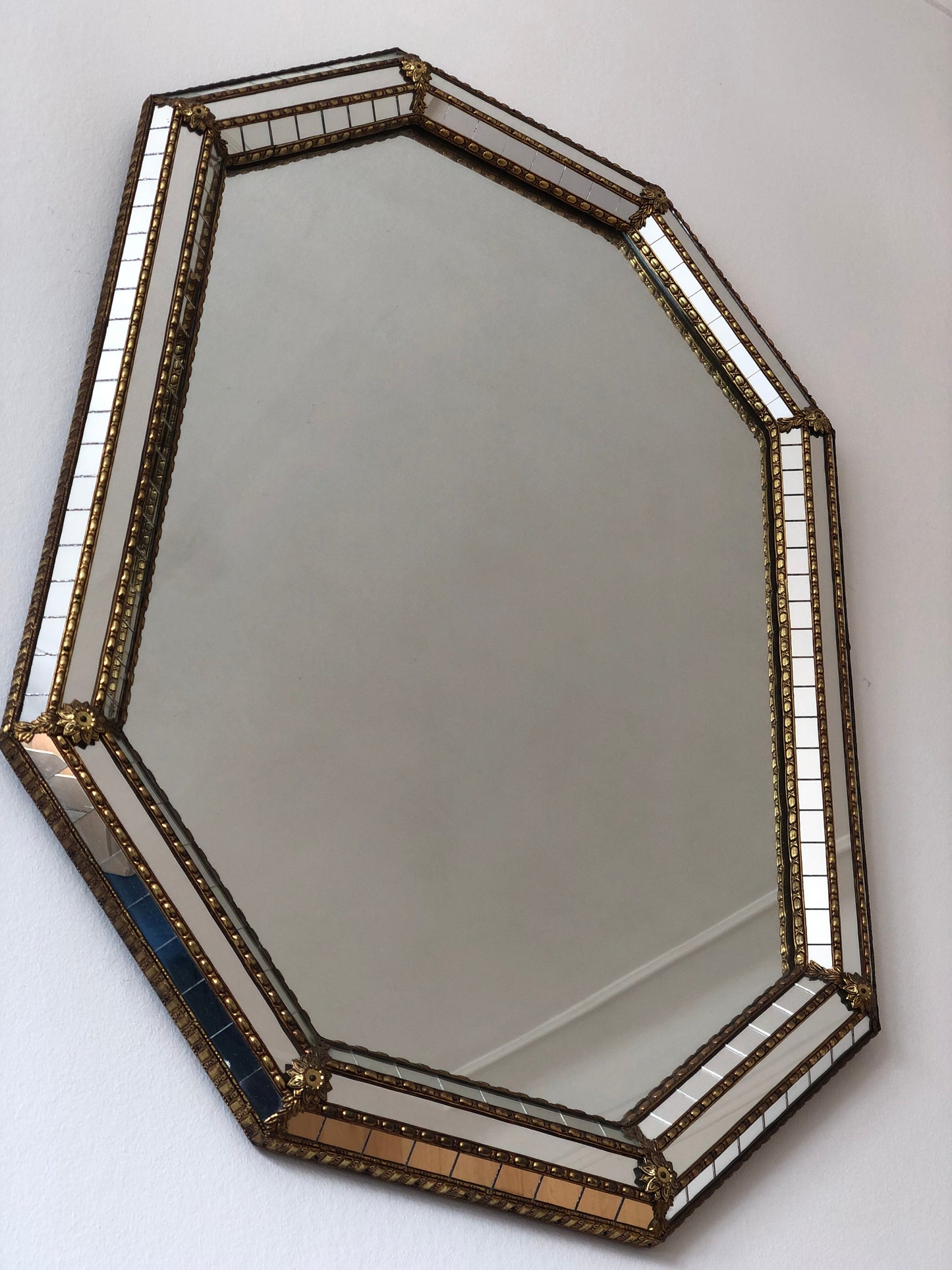 Vintage Venetian Octagon Mirror Hollywood Regency in Gold Spain 1985