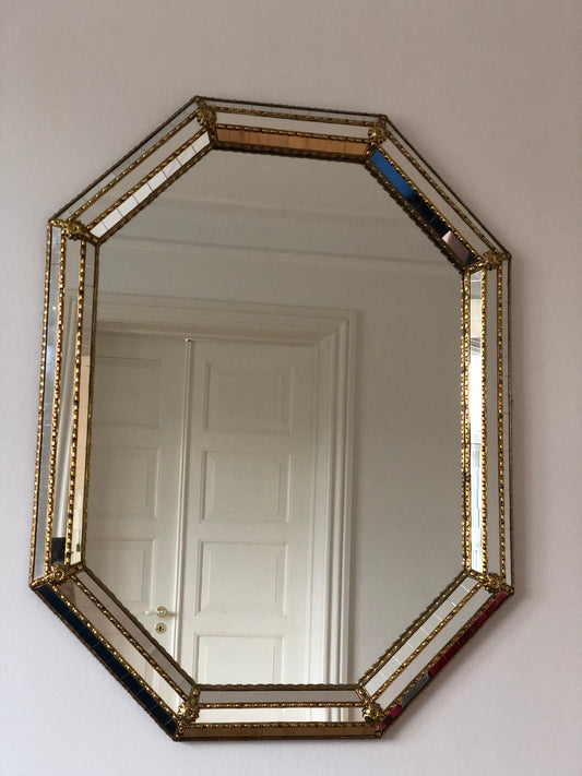 Vintage Venetian Octagon Mirror Hollywood Regency in Gold Spain 1990s